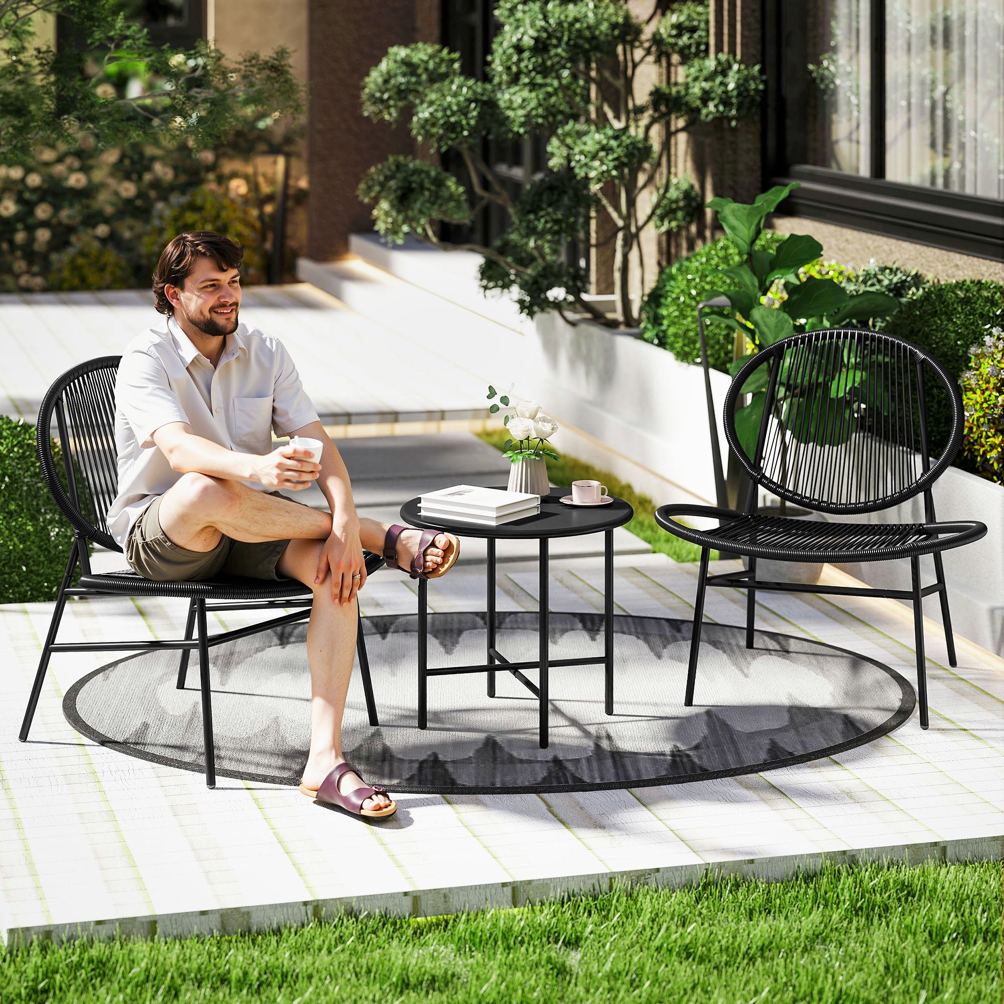 Rattan Bistro Set, 3 Pieces Wicker Patio Furniture Set, Acapulco Chairs and Steel Table for Porch, Balcony, Black Bistro Sets at Gallery Canada
