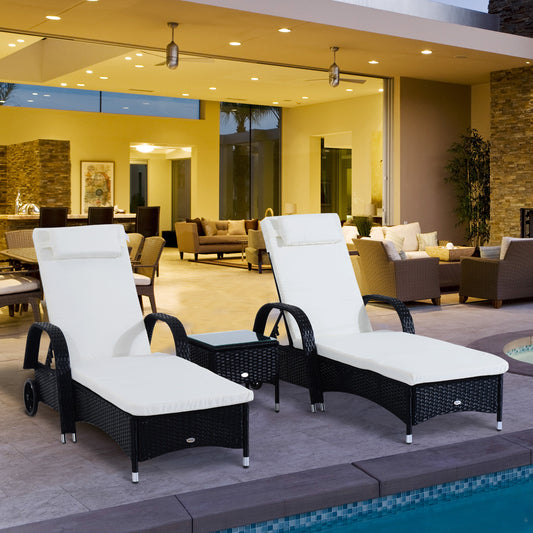 Patio Rattan Lounge Set has a Wheeled Wicker Chaise Lounge Chair and A Table with A Tempered Glass Top, White Chaise Loungers   at Gallery Canada