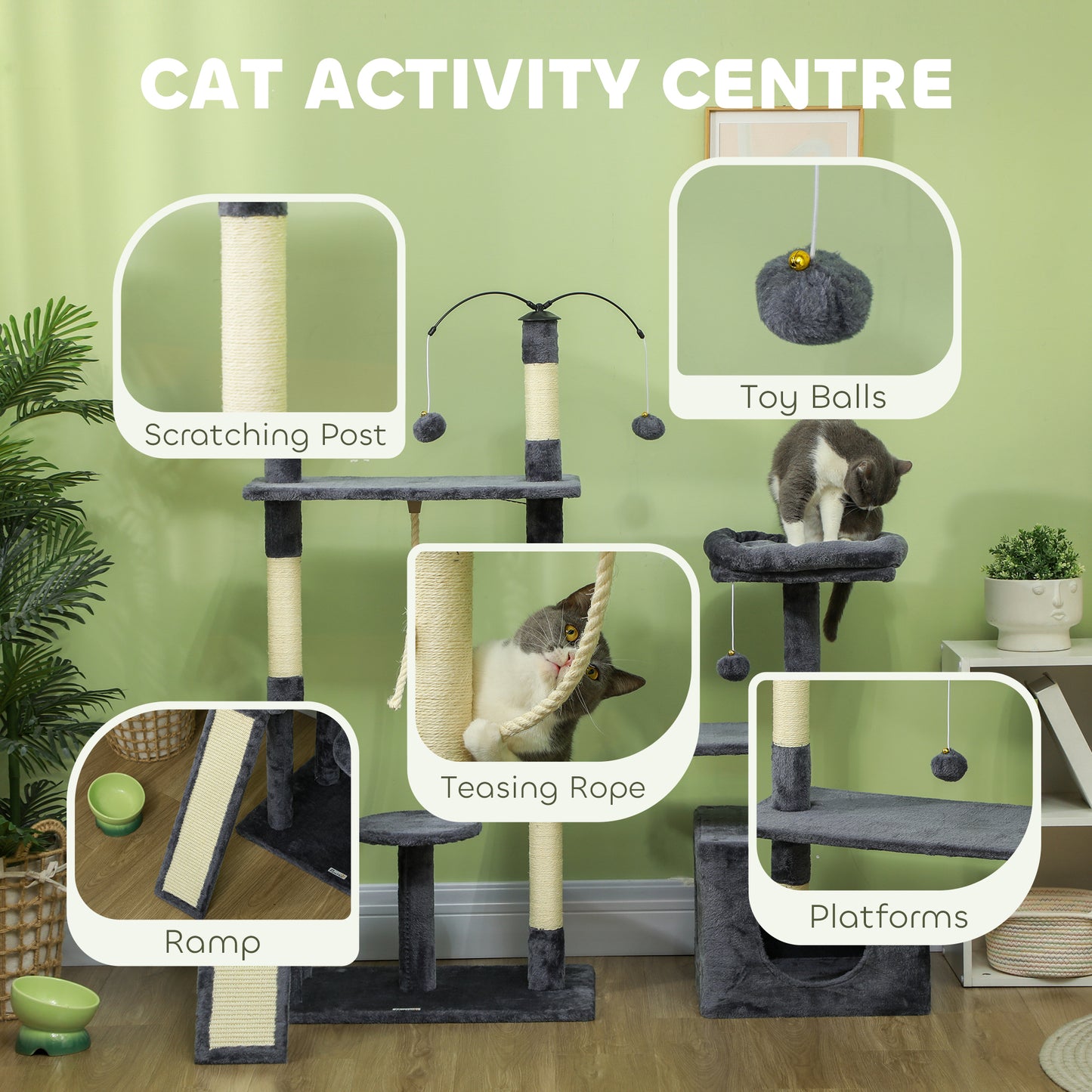 53" Cat Tree, Cat Tower with Scratching Posts, Cat Condo, Beds, Platforms, Toy Balls for Indoor Cats, Dark Grey Cat Towers   at Gallery Canada