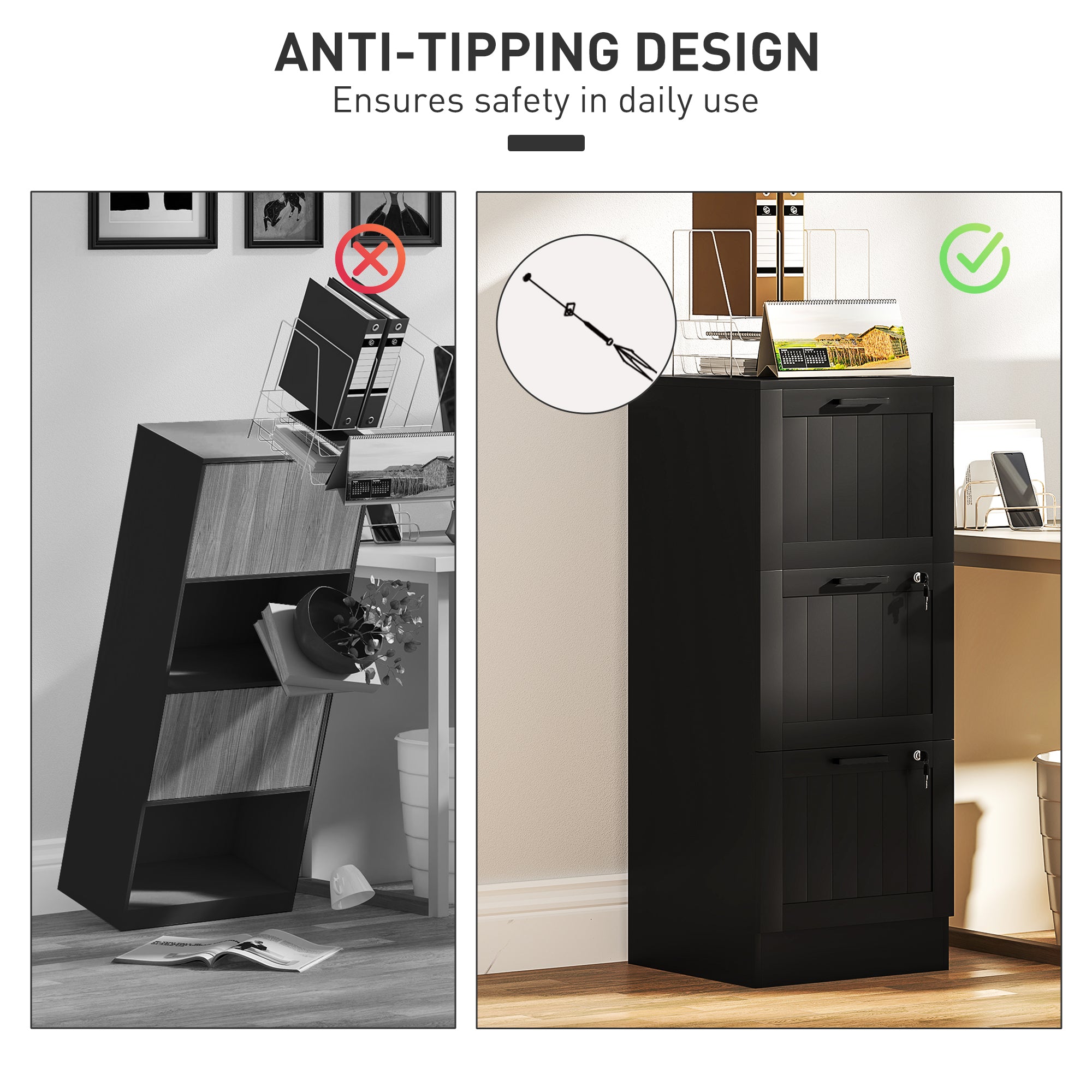3 Drawer Filing Cabinet with Lock, Office Storage Cabinet with Adjustable Hanging Bars for A4 Letter Size Files, Black Office Cabinets & Cupboards at Gallery Canada