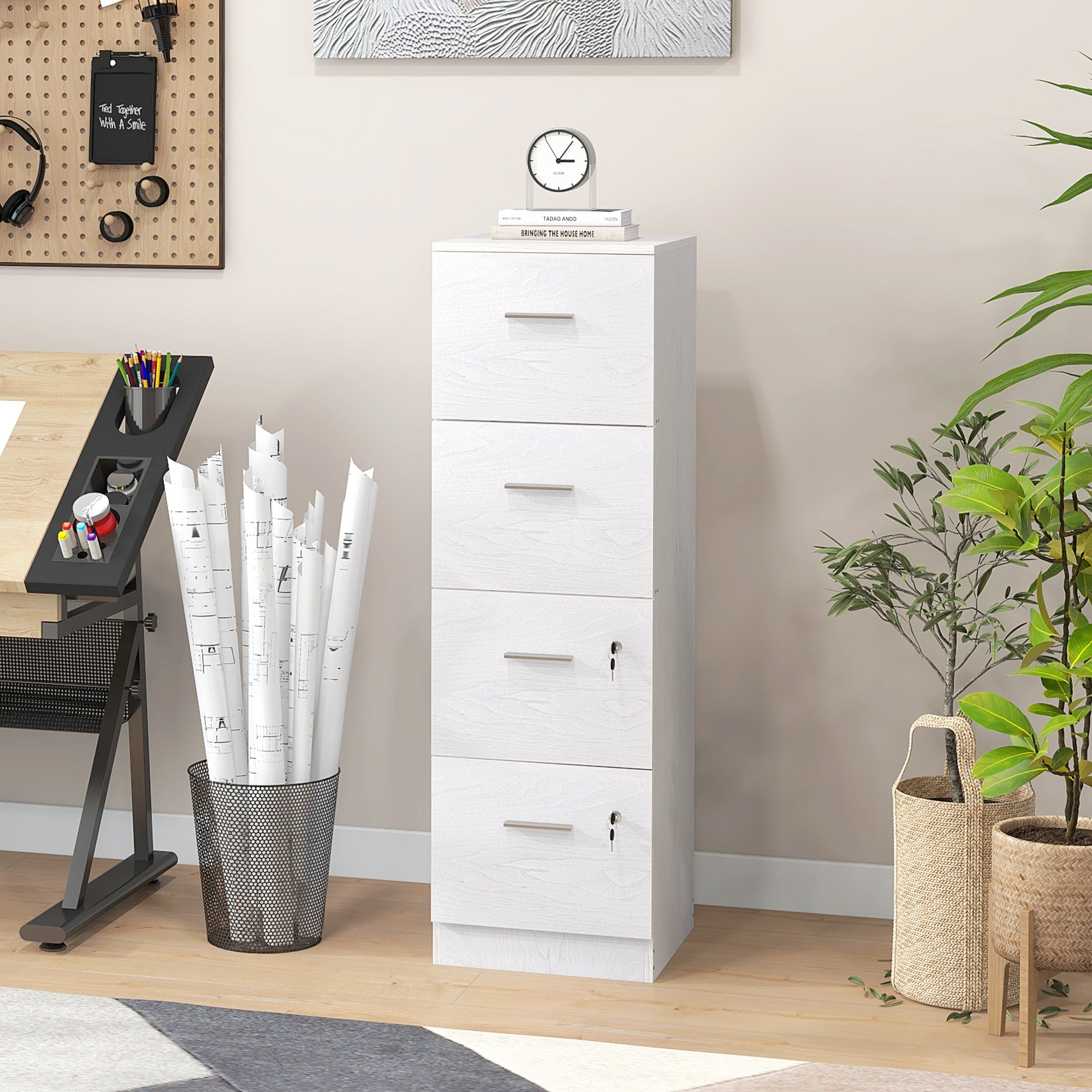 Vertical Filing Cabinet with Lock, 4 Drawer File Cabinet with Adjustable Hanging Bar for A4 and Letter Size, White Office Cabinets & Cupboards   at Gallery Canada