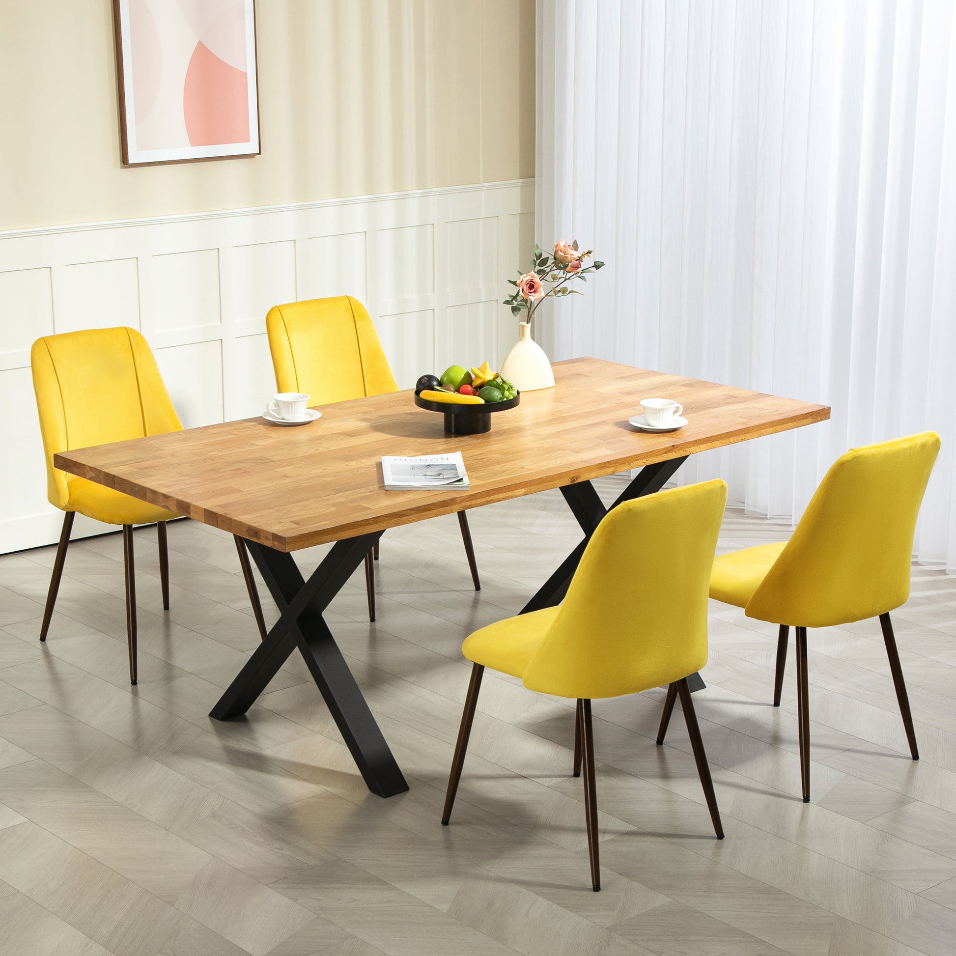 Upholstered Dining Chairs Set of 4, Velvet Accent Chair with Back and Wood-grain Steel Leg for Kitchen, Yellow Dining Chairs Yellow at Gallery Canada