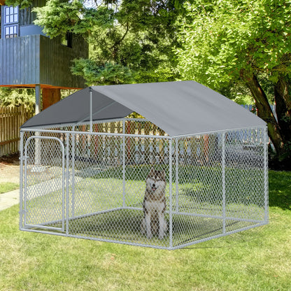 Dog Kennel Outdoor Run Fence with Roof, Steel Lock, Mesh Sidewalls for Backyard &; Patio, 7.5' x 7.5' x 5.7' Houses, Kennels & Pens   at Gallery Canada