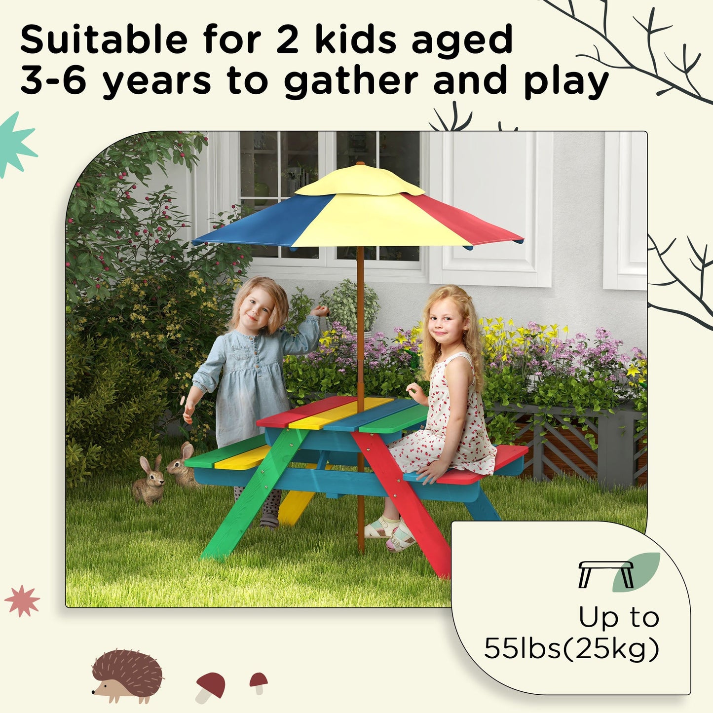 Wooden Kids Picnic Table Bench Set with Removable Umbrella for Backyard, Garden, 3-6 Years Old Kids Outdoor Furniture   at Gallery Canada