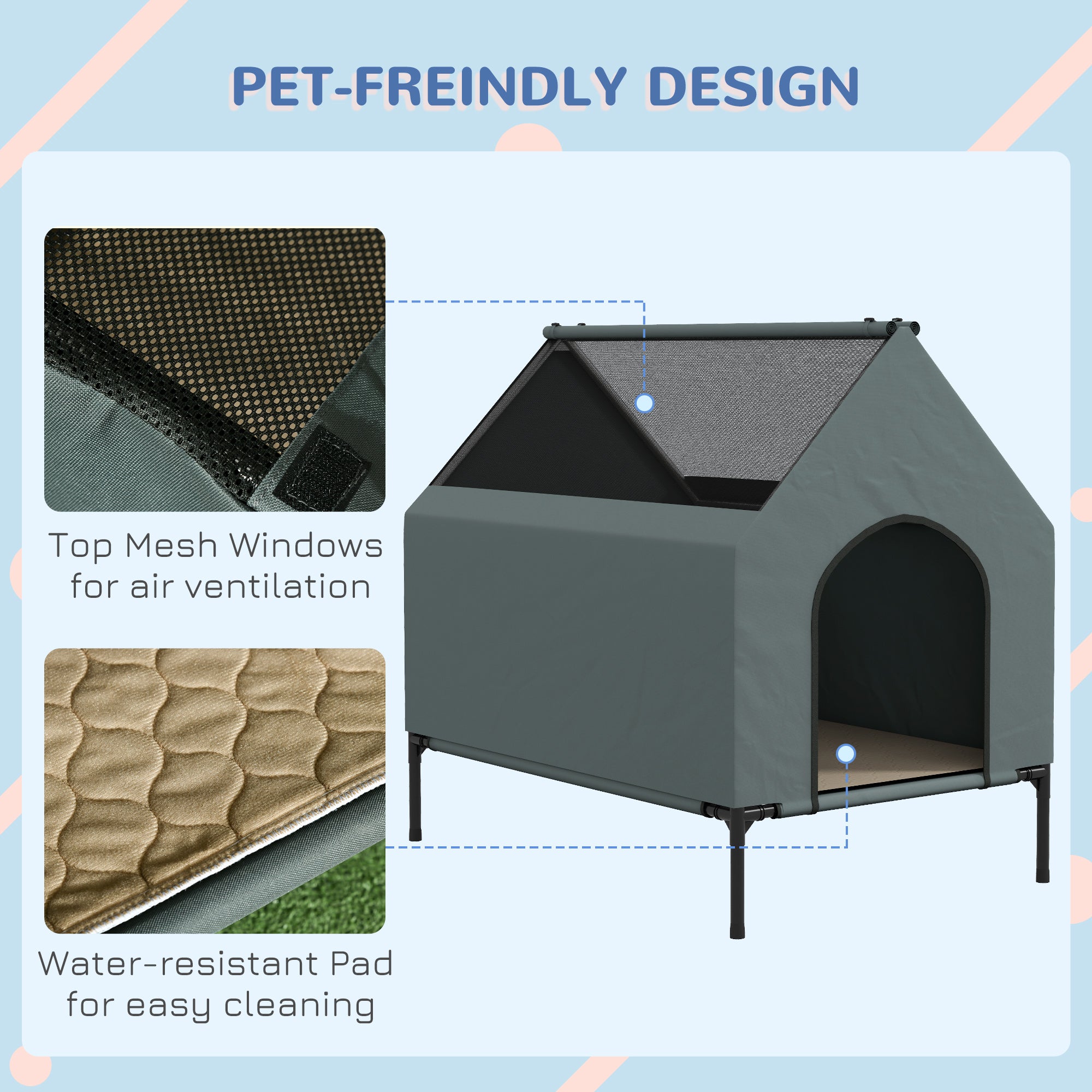 Dog House Outdoor Elevated Dog Bed with Removable Cover, Mesh Windows, Storage Bag, for S and M-Sized Dogs, Grey Houses, Kennels & Pens   at Gallery Canada