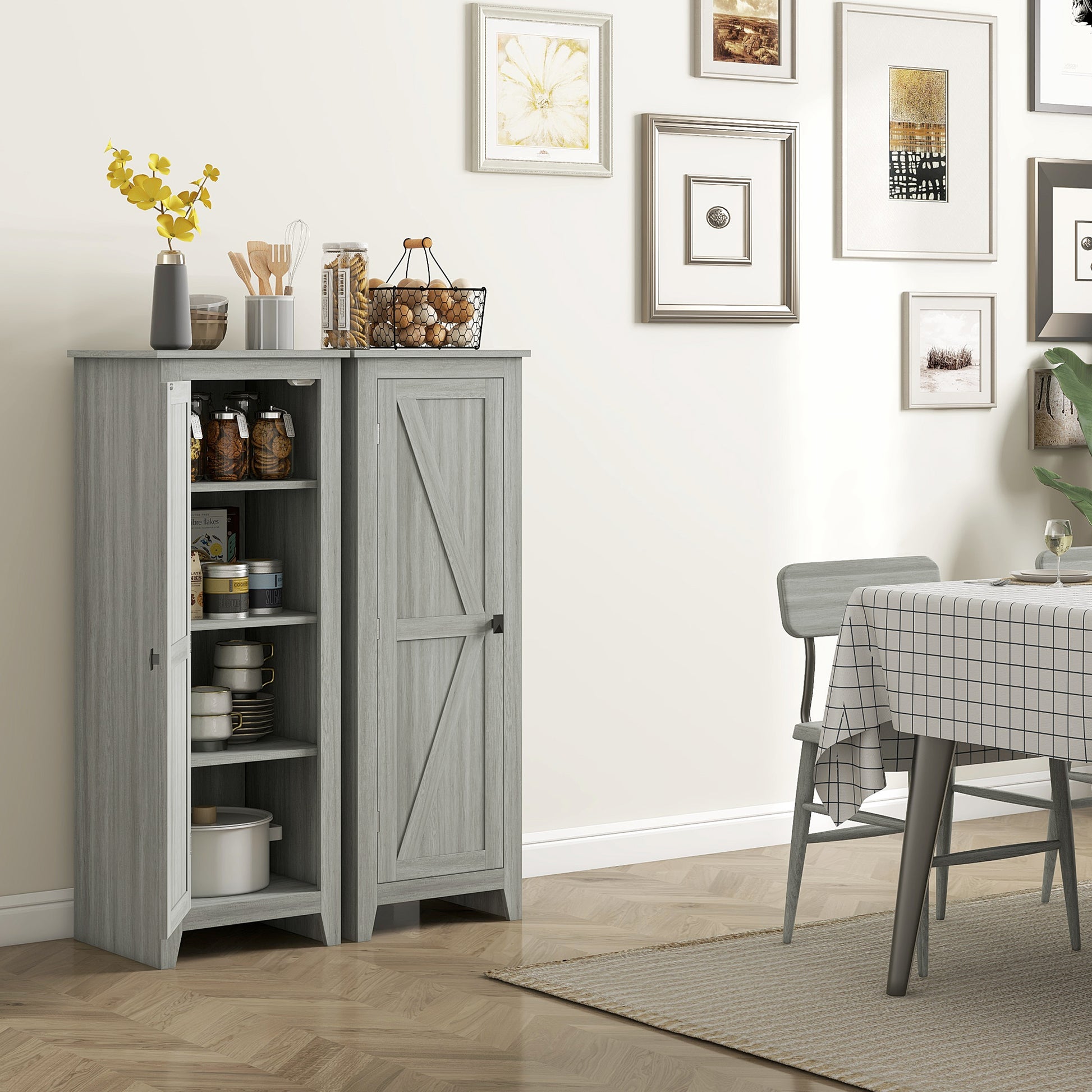 48" Kitchen Pantry Storage Cabinet w/ Barn Door, Kitchen Pantry Cabinet w/ Adjustable Shelves, Grey Wood Grain Kitchen Pantry Cabinets   at Gallery Canada