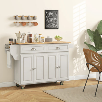 Kitchen Island with Storage, Rolling Kitchen Island with Drop Leaf, Rubber Wood Top and Adjustable Shelves, Cream White Kitchen Islands & Kitchen Carts at Gallery Canada