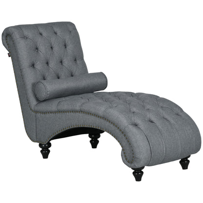 Button Tufted Chaise Lounge Chair Indoor Upholstered Lounge Chair with Bolster Pillow Wood Legs Nailhead Trim for Living Room Bedroom Home Office Grey Single Sofas Grey  at Gallery Canada