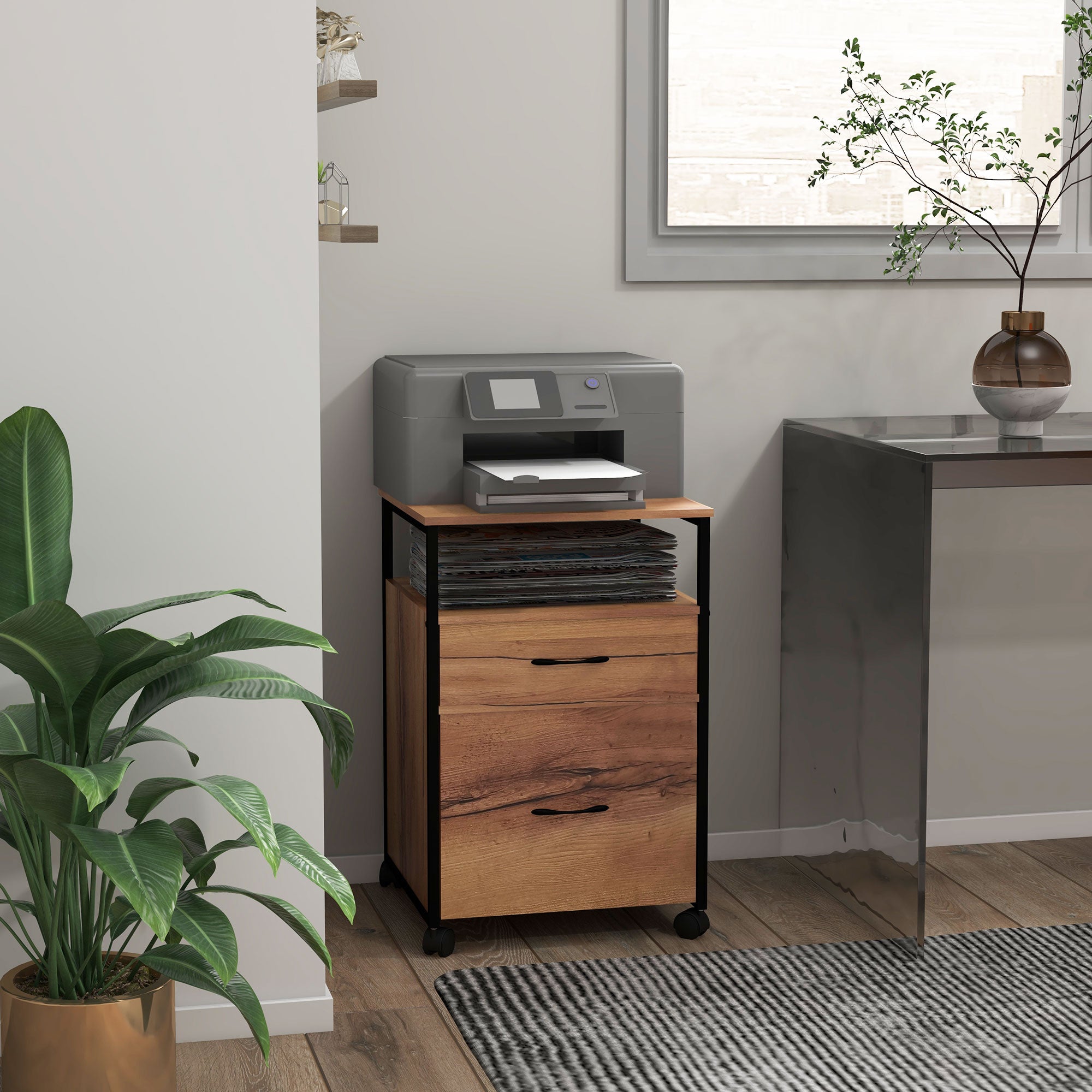 Industrial Mobile File Cabinet with 2 Drawers, Open Shelf, Hanging Bars, Rustic Brown Office Cabinets & Cupboards   at Gallery Canada