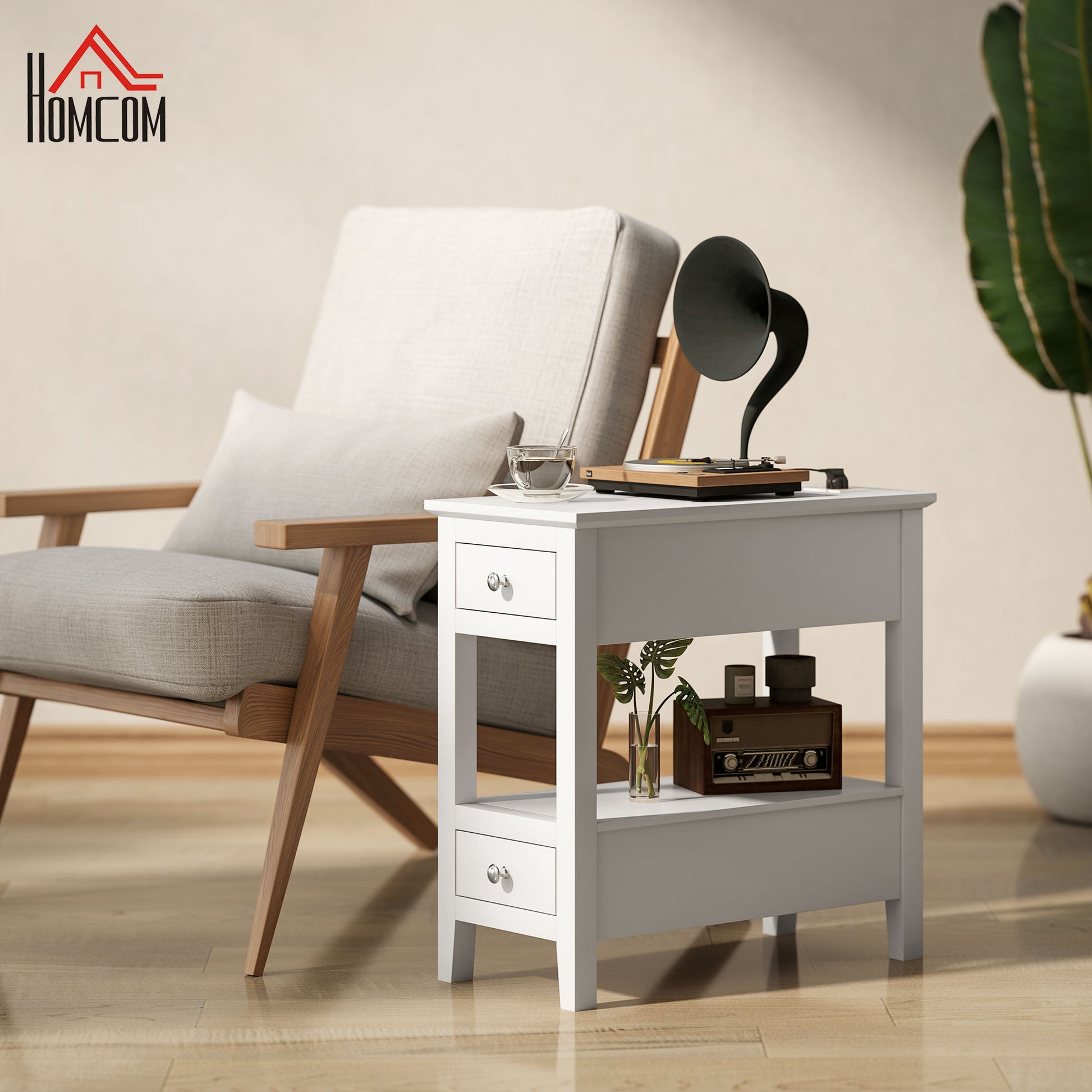 Narrow Side Table with Charging Station, USB Ports, Modern End Table with Storage Shelf, Drawers for Living Room, White Side Tables White  at Gallery Canada