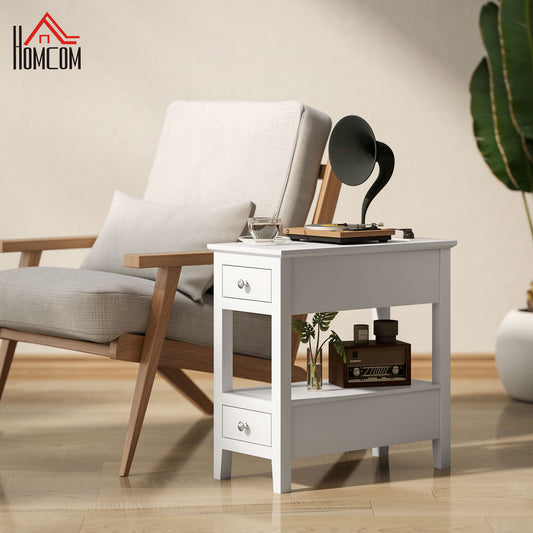 Narrow Side Table with Charging Station, USB Ports, Modern End Table with Storage Shelf, Drawers for Living Room, White Side Tables   at Gallery Canada