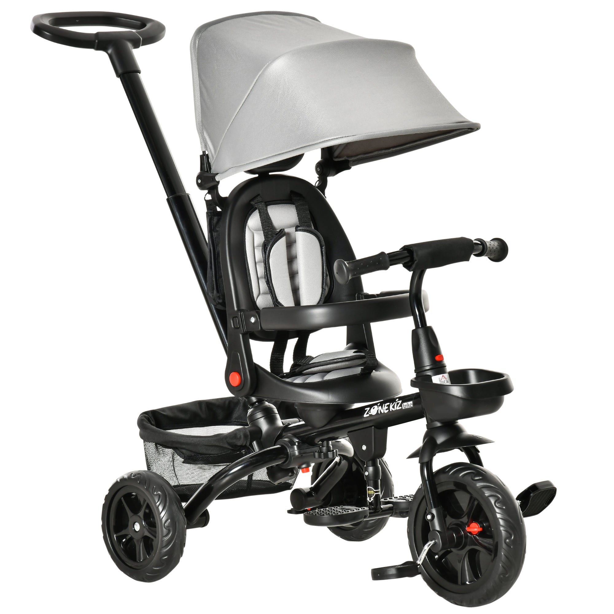 Baby Tricycle 4 In 1 Trike w/ Reversible Angle Adjustable Seat Removable Handle Canopy Handrail Belt Storage Footrest Brake Clutch for 1-5 Years Old Grey Tricycles for Kids Gray, Black at Gallery Canada