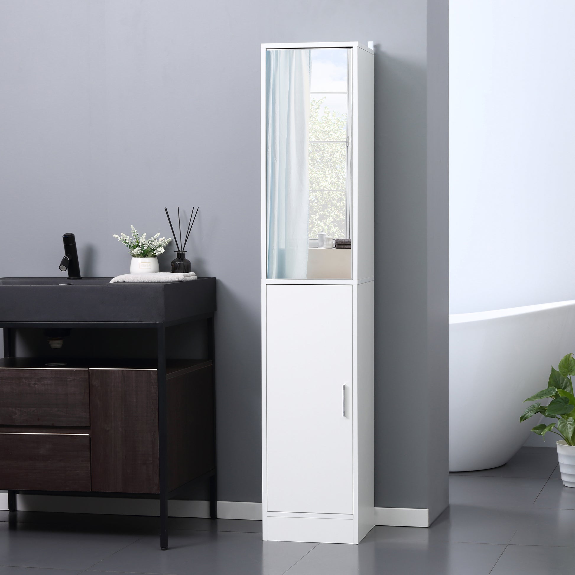 Tall Bathroom Cabinet with Mirror Narrow Bathroom Storage Cabinet with Doors Adjustable Shelves for Small Spaces White Bathroom Cabinets White  at Gallery Canada