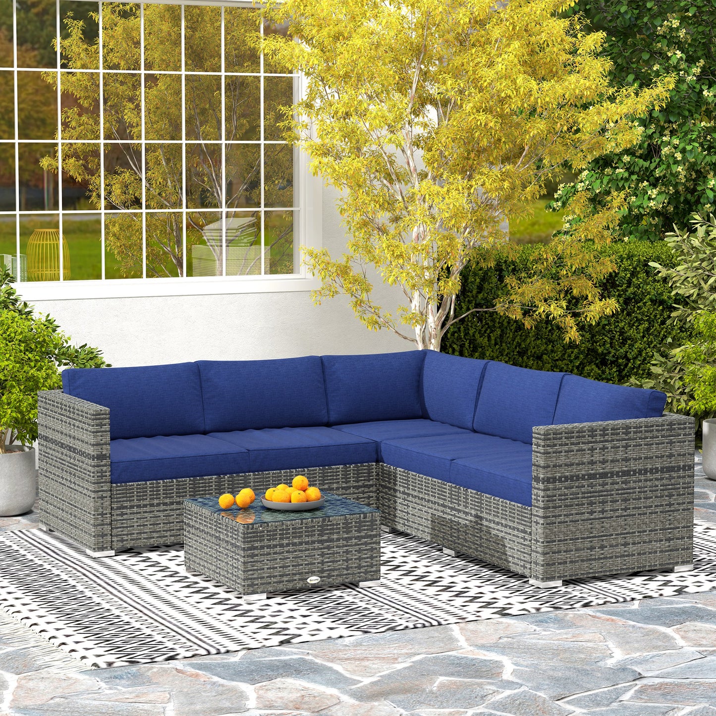 4 Pieces Rattan Wicker Outdoor Conversation Furniture Set w/ Corner Sofa Loveseats Coffee Table Cushions, Navy Blue Patio Furniture Sets Navy Blue at Gallery Canada