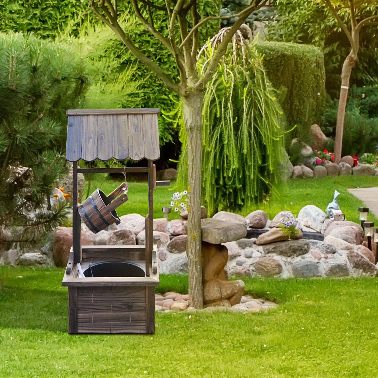 Outdoor Wooden Waterfall Wishing Well Fountain with Electric Pump, Water Bucket, for Patio, Garden, Carbonized Water Fountains at Gallery Canada
