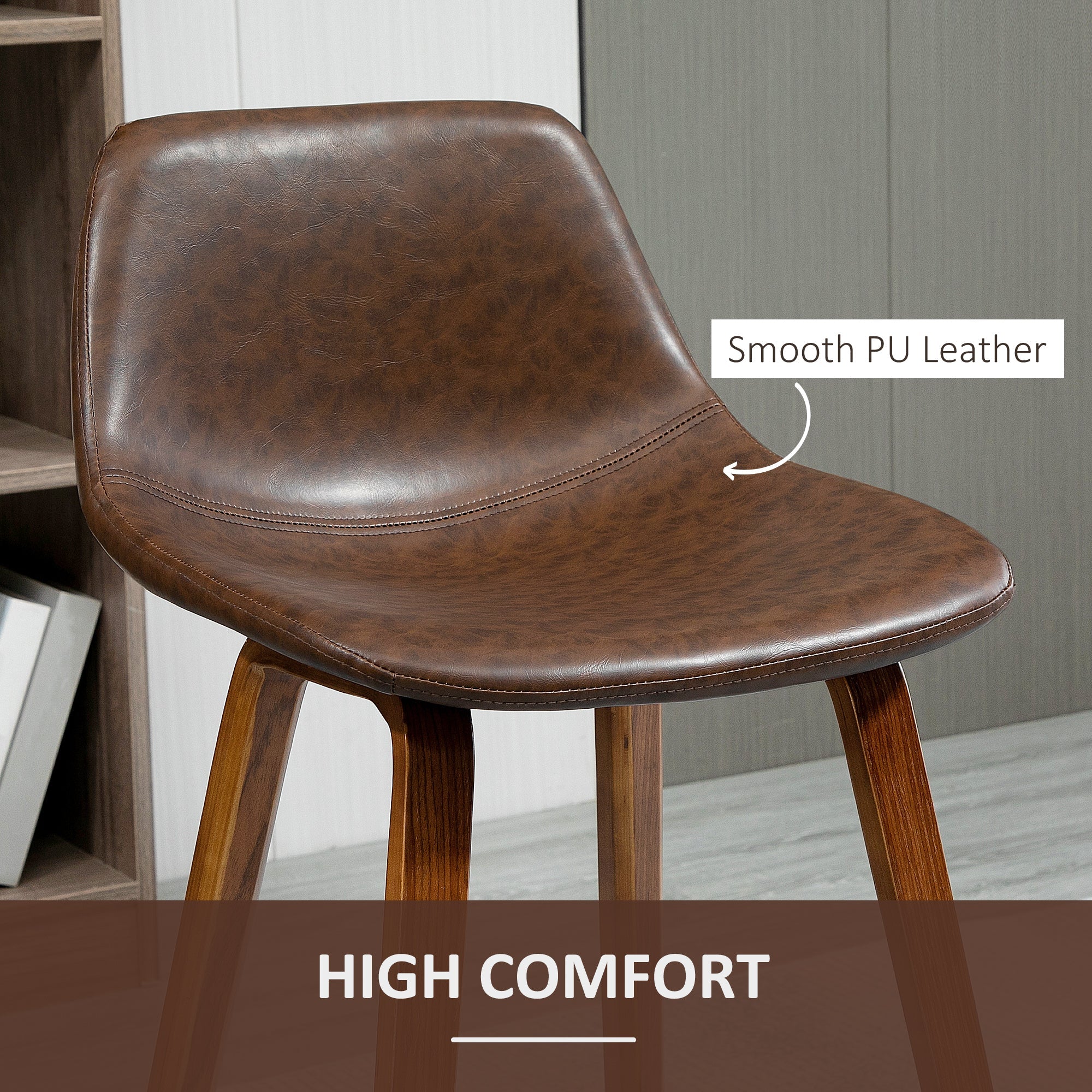 Counter Height Bar stools Set of 2 Mid-Back PU Leather Bar Chairs with Wood Legs, Brown Bar Stools   at Gallery Canada