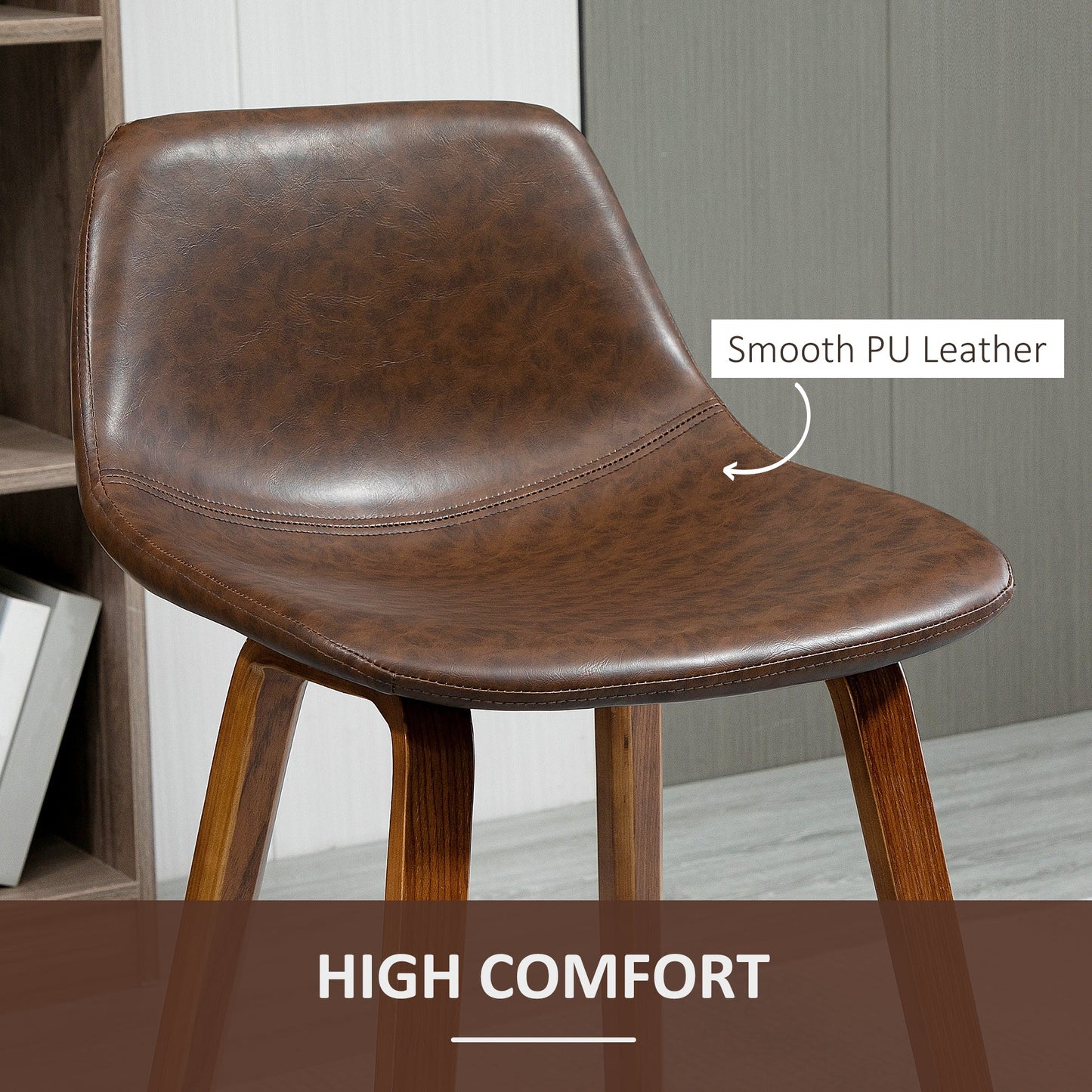 Counter Height Bar stools Set of 2 Mid-Back PU Leather Bar Chairs with Wood Legs, Brown Bar Stools   at Gallery Canada