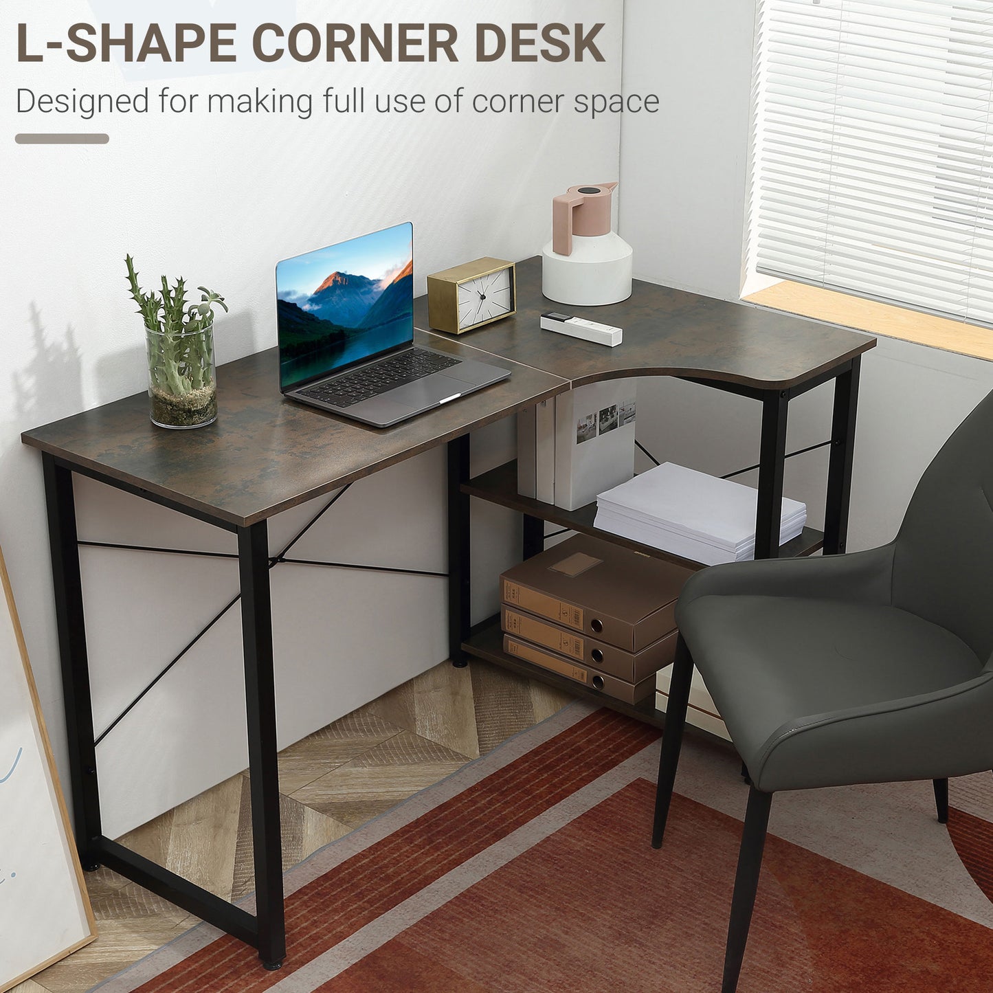 L-Shaped Computer Desk Home Office Corner Desk Study Workstation Table with 2 Shelves, Steel Frame, Charcoal Grey Office Desks & Work Stations   at Gallery Canada