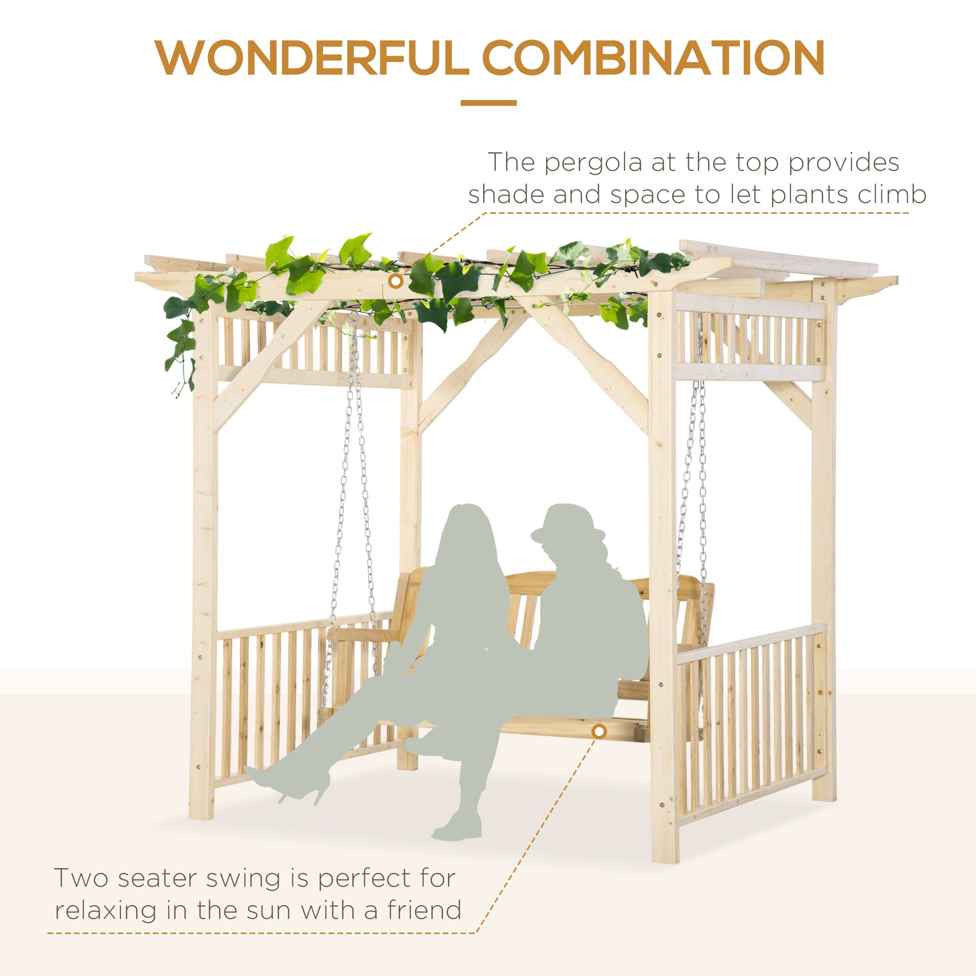 Patio Swing Chair with Pergola, 2-Person Wooden Gazebo Swing Bench Sun Shelter for Garden, Poolside, Backyard, Deck Patio Swings with Stand at Gallery Canada