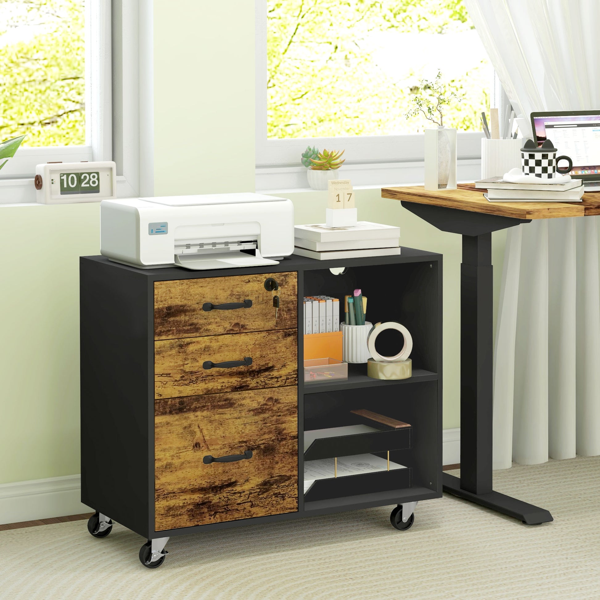 Mobile Printer Stand with Charging Station USB Ports Locking Filing Cabinet for A4 Letter Size Rustic Brown and Black Office Cabinets & Cupboards Multi Colour  at Gallery Canada