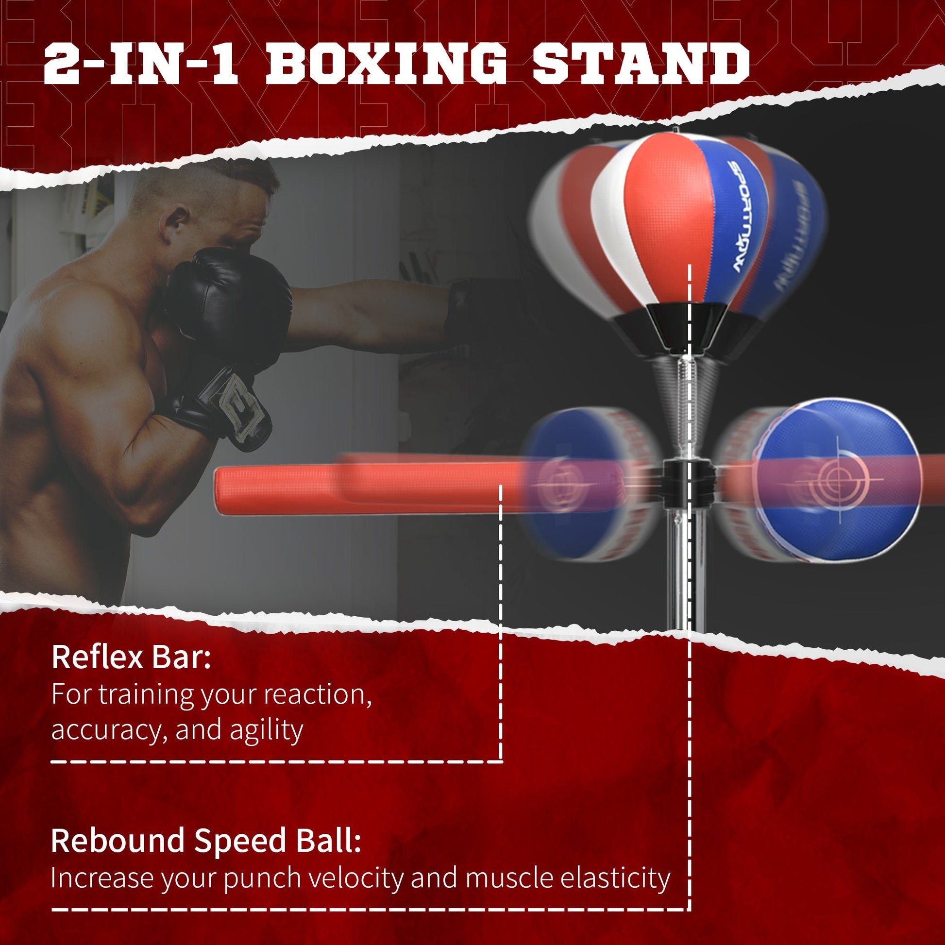 Boxing Speed Trainer with Stand, Reaction Bar Challenge, Reflex Bag, 64-81in Adjustable Height, Red and Blue More-Strength Training Equipment   at Gallery Canada