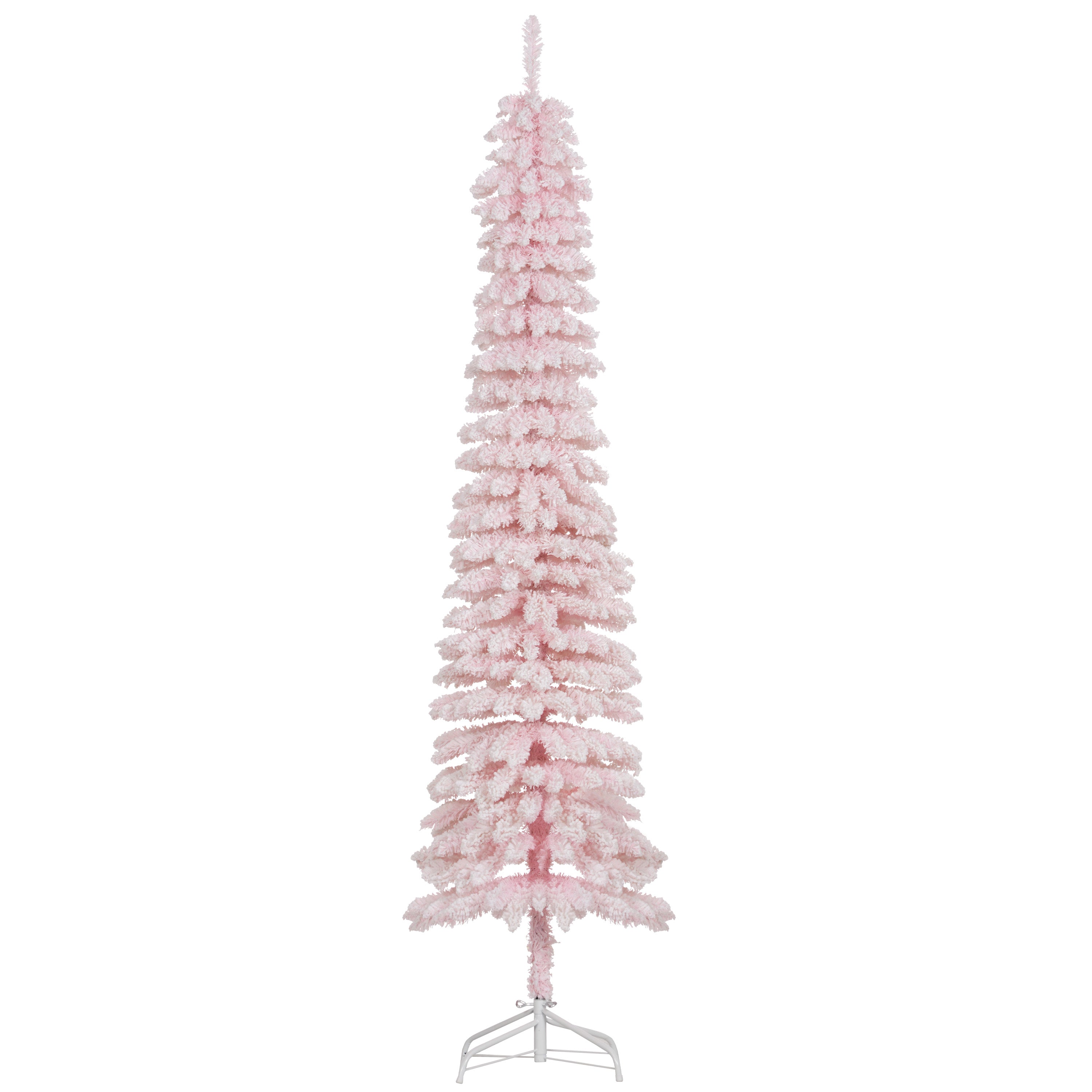 7ft Snow-Flocked Artificial Christmas Tree, Slim Pencil Xmas Tree with 490 Realistic Branches, Metal Base, Pink Flocked Christmas Trees at Gallery Canada