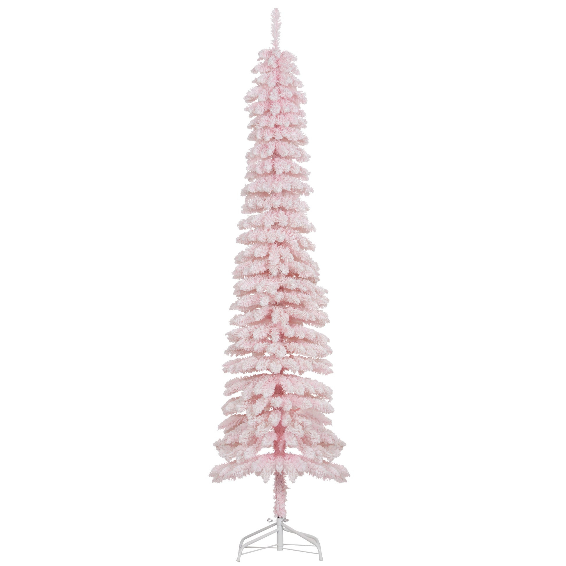 7ft Snow-Flocked Artificial Christmas Tree, Slim Pencil Xmas Tree with 490 Realistic Branches, Metal Base, Pink Flocked Christmas Trees at Gallery Canada