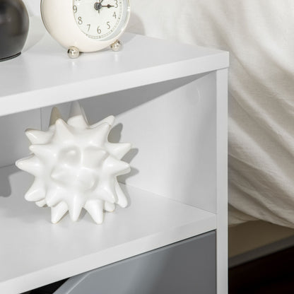 Modern Bedside Table, Side End Table with Shelf, Drawer and Wood Legs, 14.5" x 13" x 17.2", White and Grey Bedside Tables   at Gallery Canada