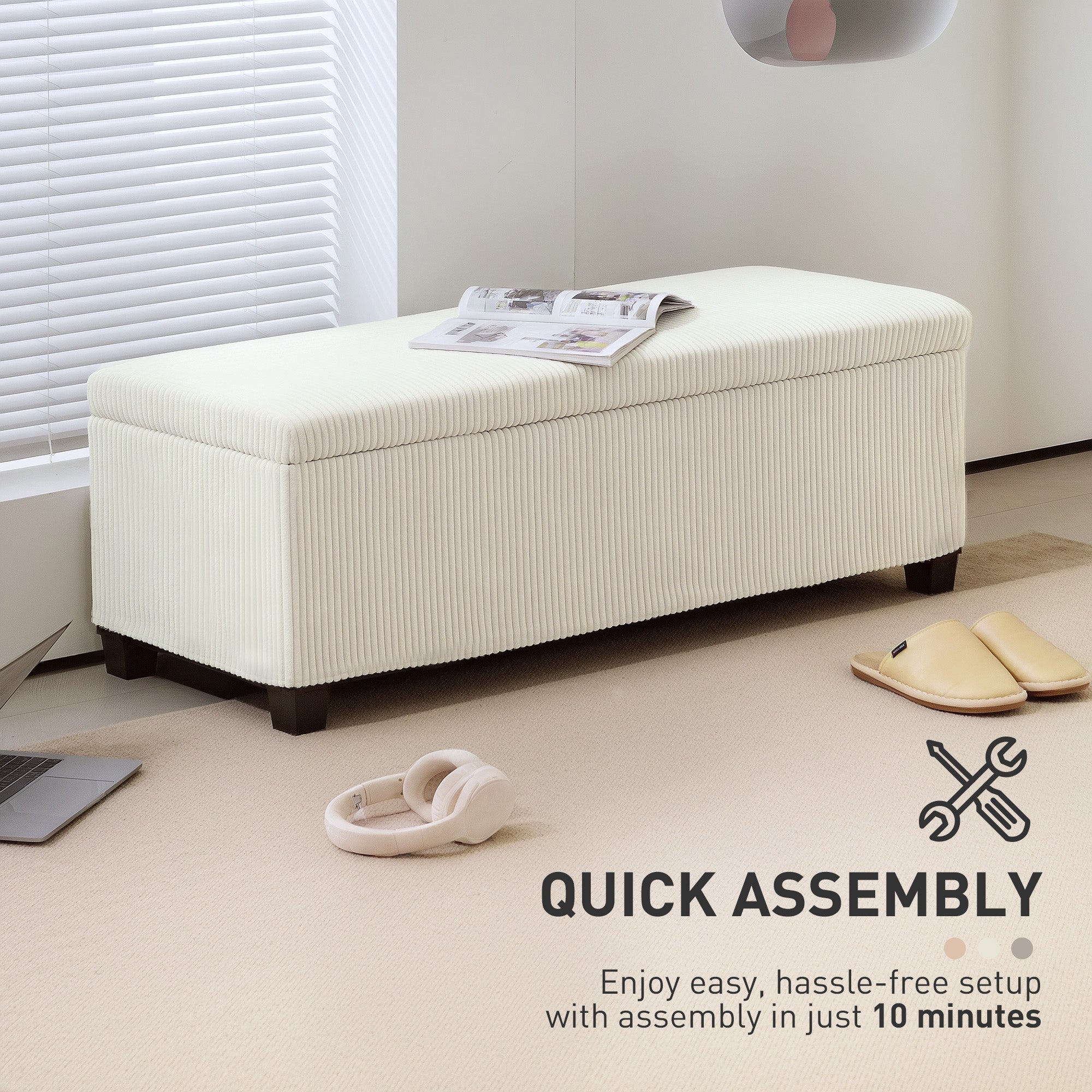 44 Inches Ottoman with Storage, Lid, Legs, Corduroy End of Bed Bench for Living Room, Bedroom, Entryway, Beige Storage Ottomans & Benches at Gallery Canada