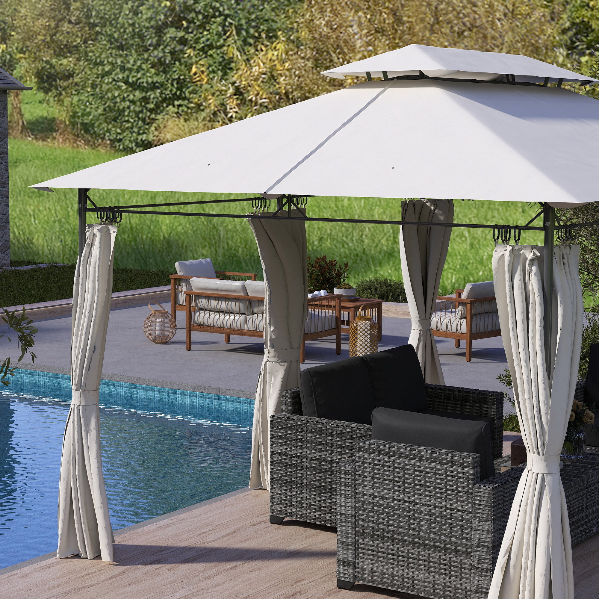 10' x 13' Double Roof Patio Gazebo, Outdoor Gazebo with Curtains, for Garden, Lawn, Backyard and Deck, Dark Grey Gazebos at Gallery Canada