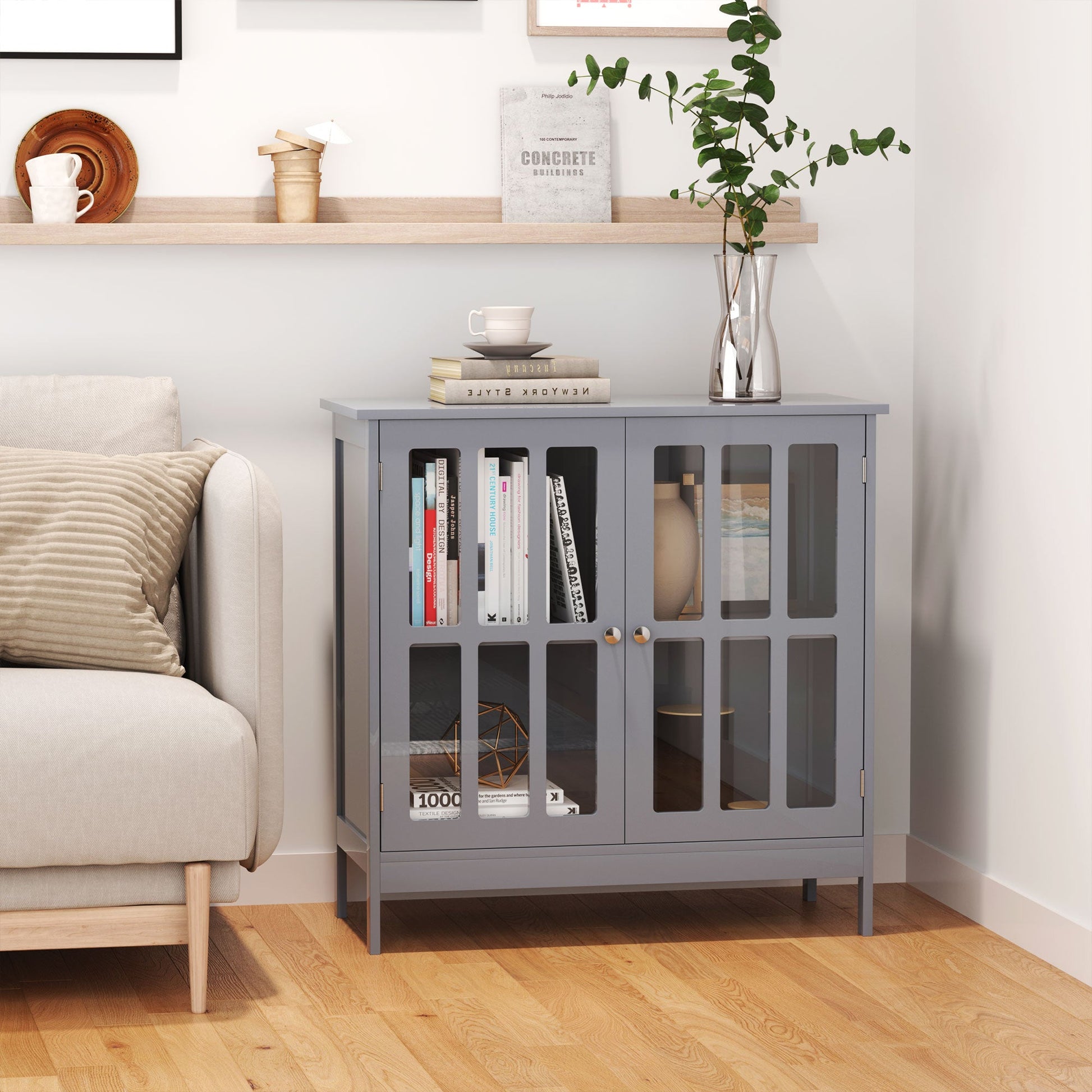 Storage Sideboard Cabinet Buffet Credenza with 2 Transparent Doors Dining Cupboard for Multifunction in Kitchen, Hallway, Grey Bar Cabinets   at Gallery Canada