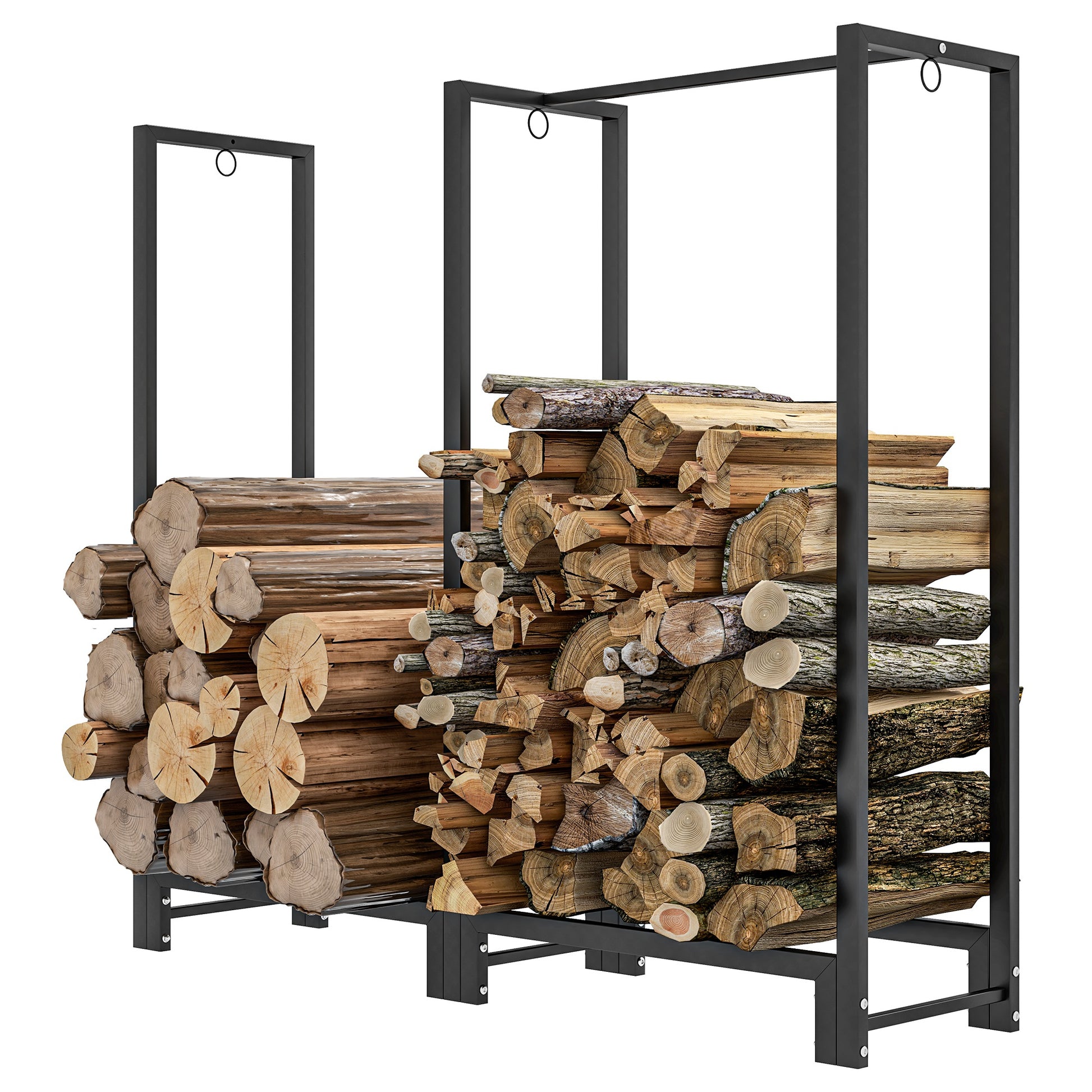 4ft Firewood Rack with Dual Space and Lock Rings, Steel Log Holder for Outdoor Indoor, Black Firewood Racks   at Gallery Canada