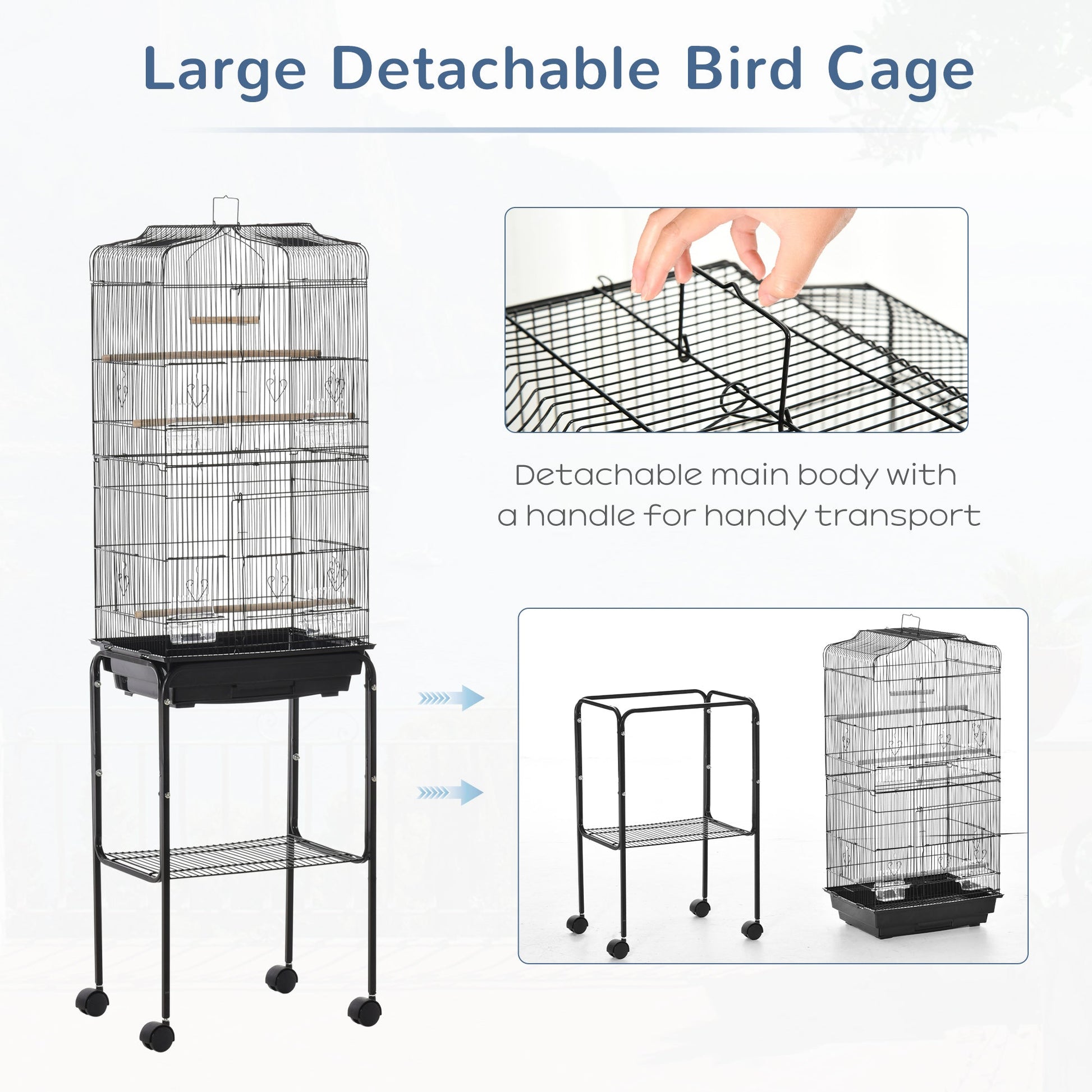 62" Rolling Bird Cage Cockatoo House Play Top Finch Pet Supply with Storage Shelf, Wheels - Black Bird Cages   at Gallery Canada