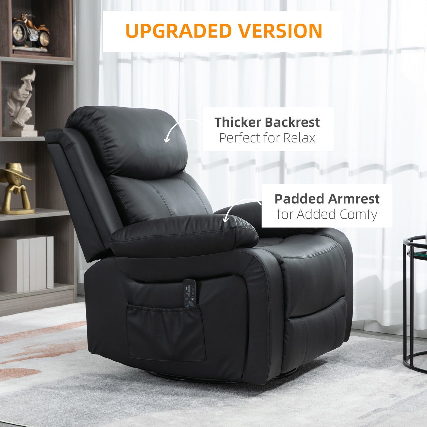 PU Leather Reclining Chair with Vibration Massage Recliner, Swivel Base, Rocking Function, Remote Control, Black Single Sofas   at Gallery Canada