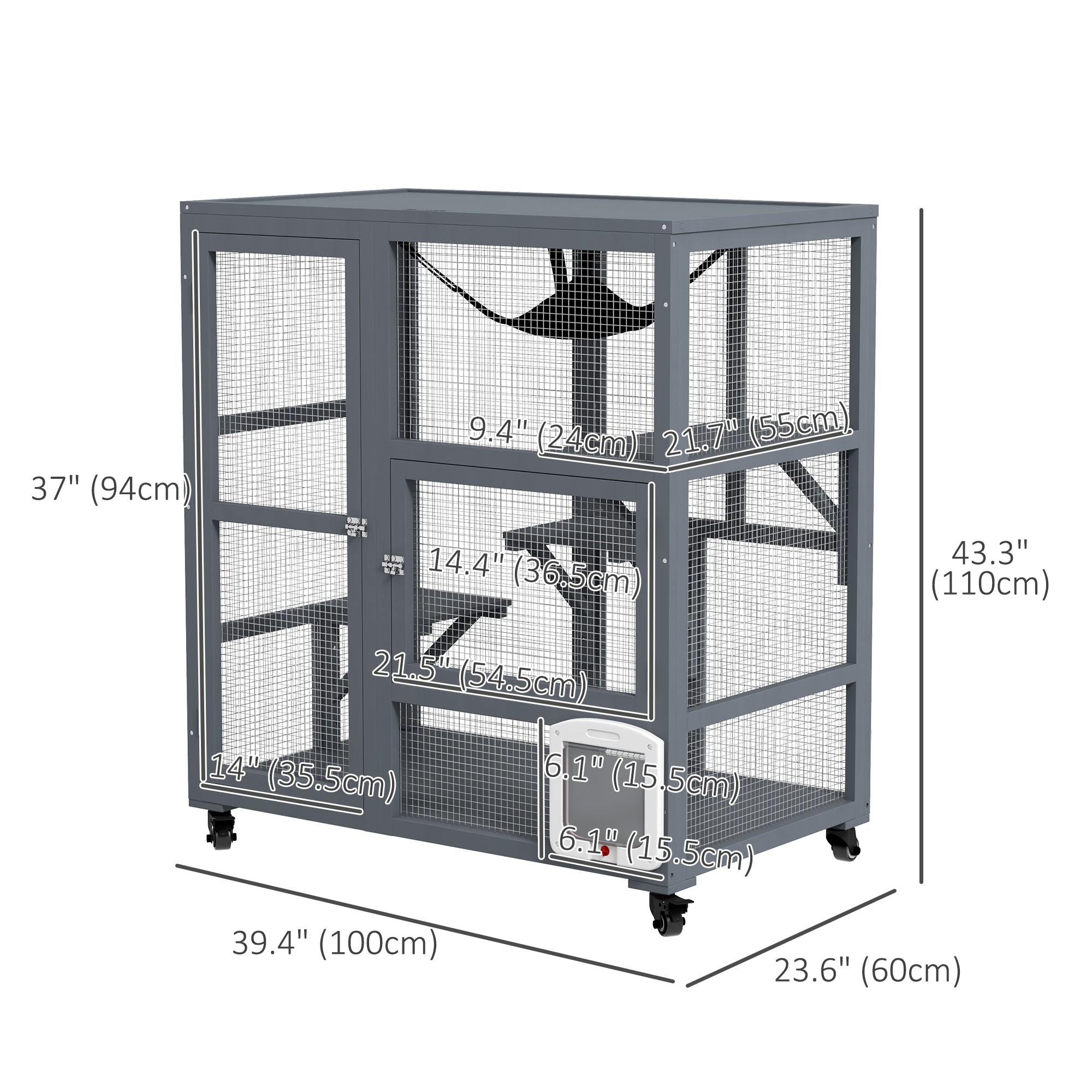 Cat Condo Wooden Indoor Cat House on Wheels with Cat Flap Door Platforms Hammock Openable Top for 2 Cats, Light Grey Outdoor Cat Enclosures at Gallery Canada