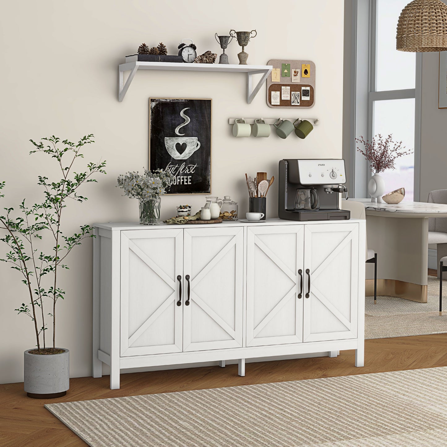 Sideboard Buffet, Storage Cabinet with Barn Door and Adjustable Shelf, TV Stand for TVs up to 65 Inches, White Bar Cabinets White  at Gallery Canada