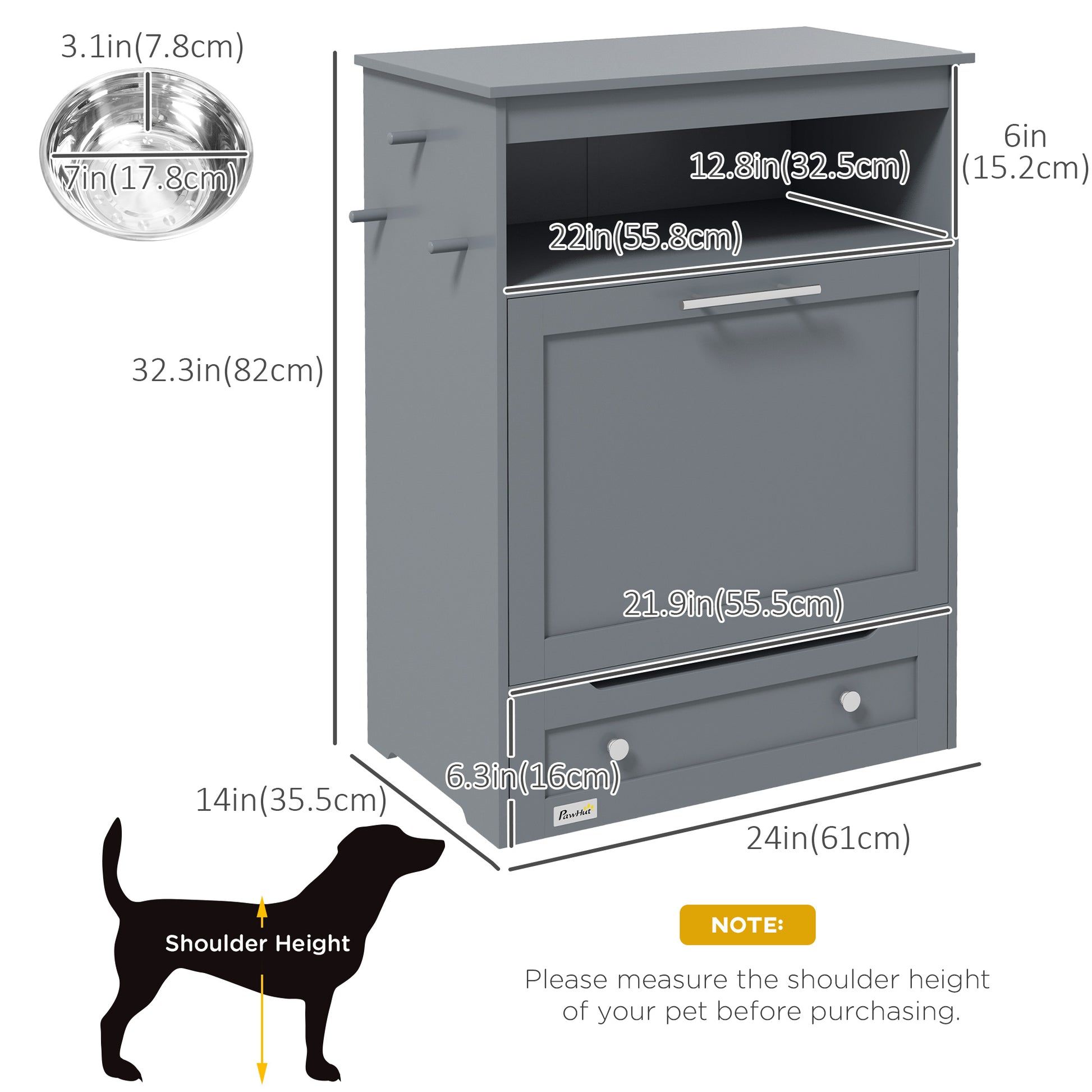 Pet Feeder Station Storage Cabinet, Dog Food Storage Container with Dog Raised Bowls, Watering Supplies, Grey Dog Bowls   at Gallery Canada