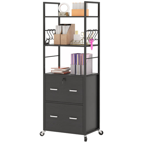 Mobile Filing Cabinet 2 Drawer File Cabinet with Key Adjustable Hanging Bar for Letter A4 and Legal Size Black