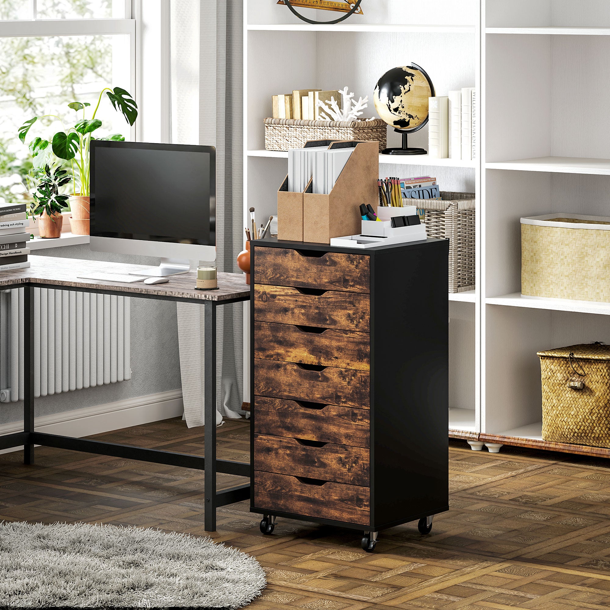 7-drawer Vertical File Cabinet for Home Office, Storage Cabinet with Wheels, 18.7