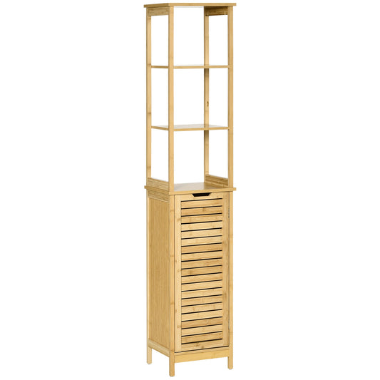 Bathroom Floor Cabinet with 3 Shelves and Cupboard, Slim and Freestanding Linen Tower with Storage, Natural Bathroom Cabinets Natural  at Gallery Canada