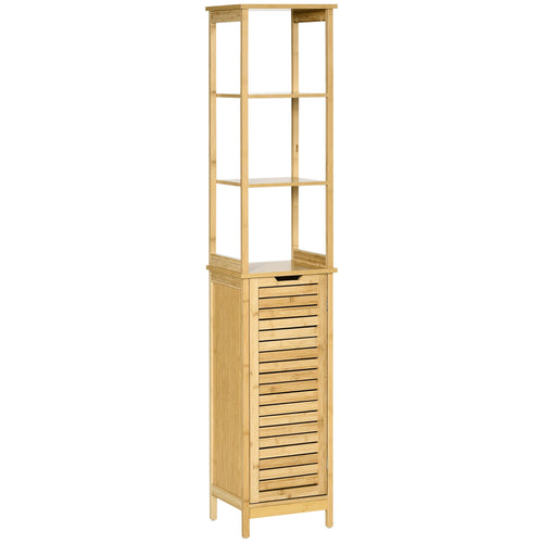 Bathroom Floor Cabinet with 3 Shelves and Cupboard, Slim and Freestanding Linen Tower with Storage, Natural