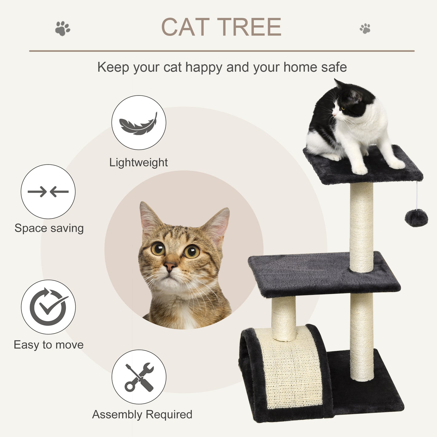 28" Cat Tree with Scratching Post, Pad, Toy Ball for Indoor Cats, Grey Cat Towers   at Gallery Canada