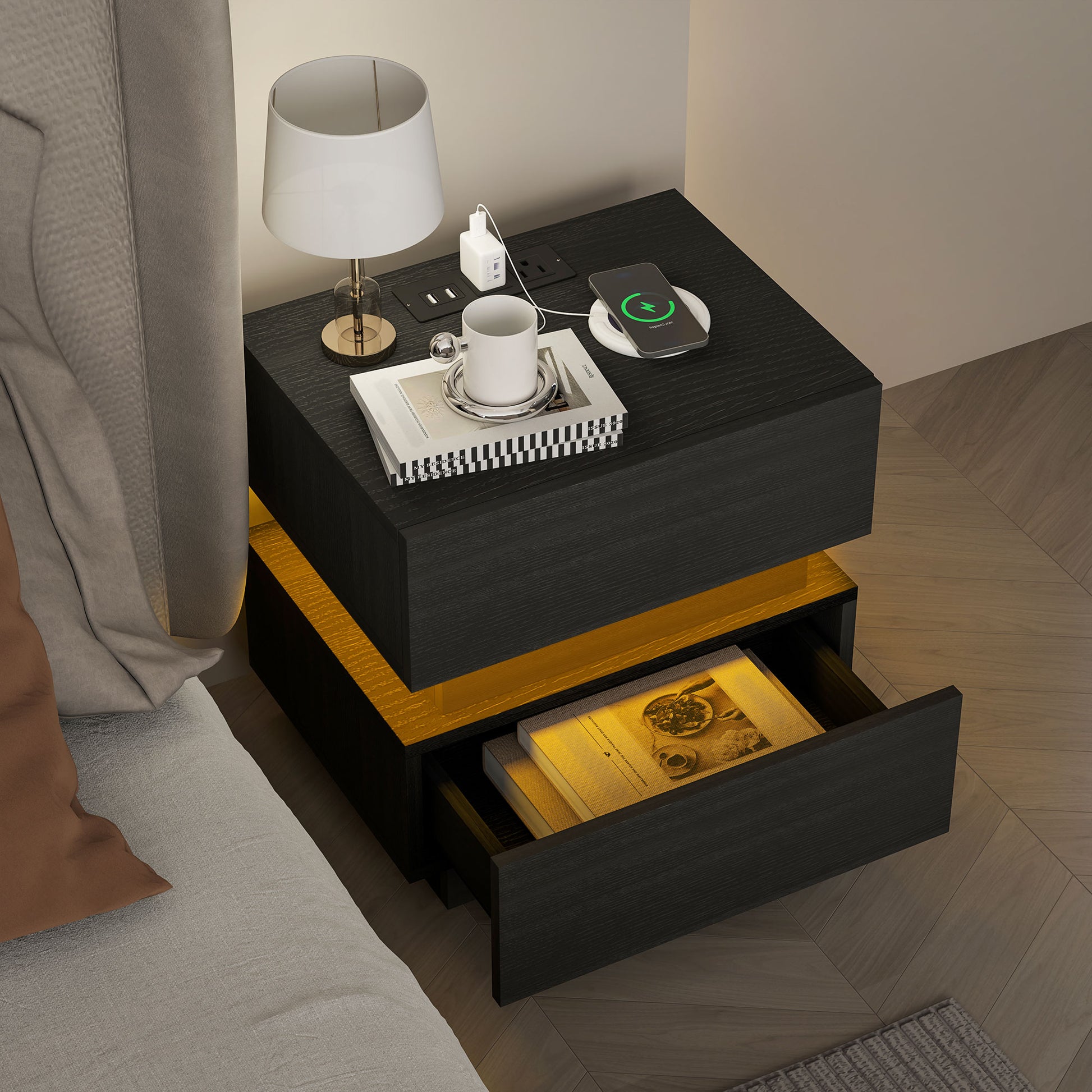 Bedside Table with Charging Station and LED Light Modern Nightstand with USB Ports AC Outlets Drawers Remote, Black Bedside Tables   at Gallery Canada