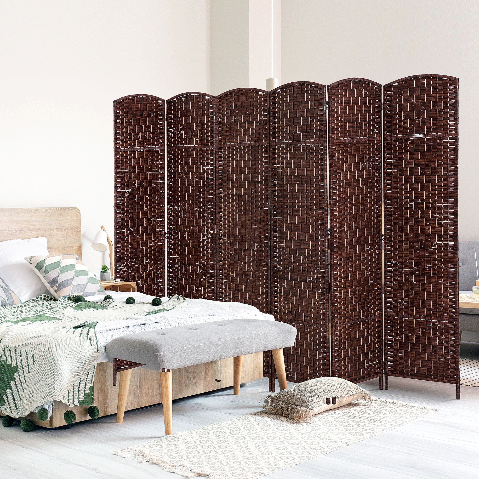 6ft Folding Room Divider, 6 Panel Wall Partition with Wooden Frame for Bedroom, Home Office, Brown Room Dividers   at Gallery Canada