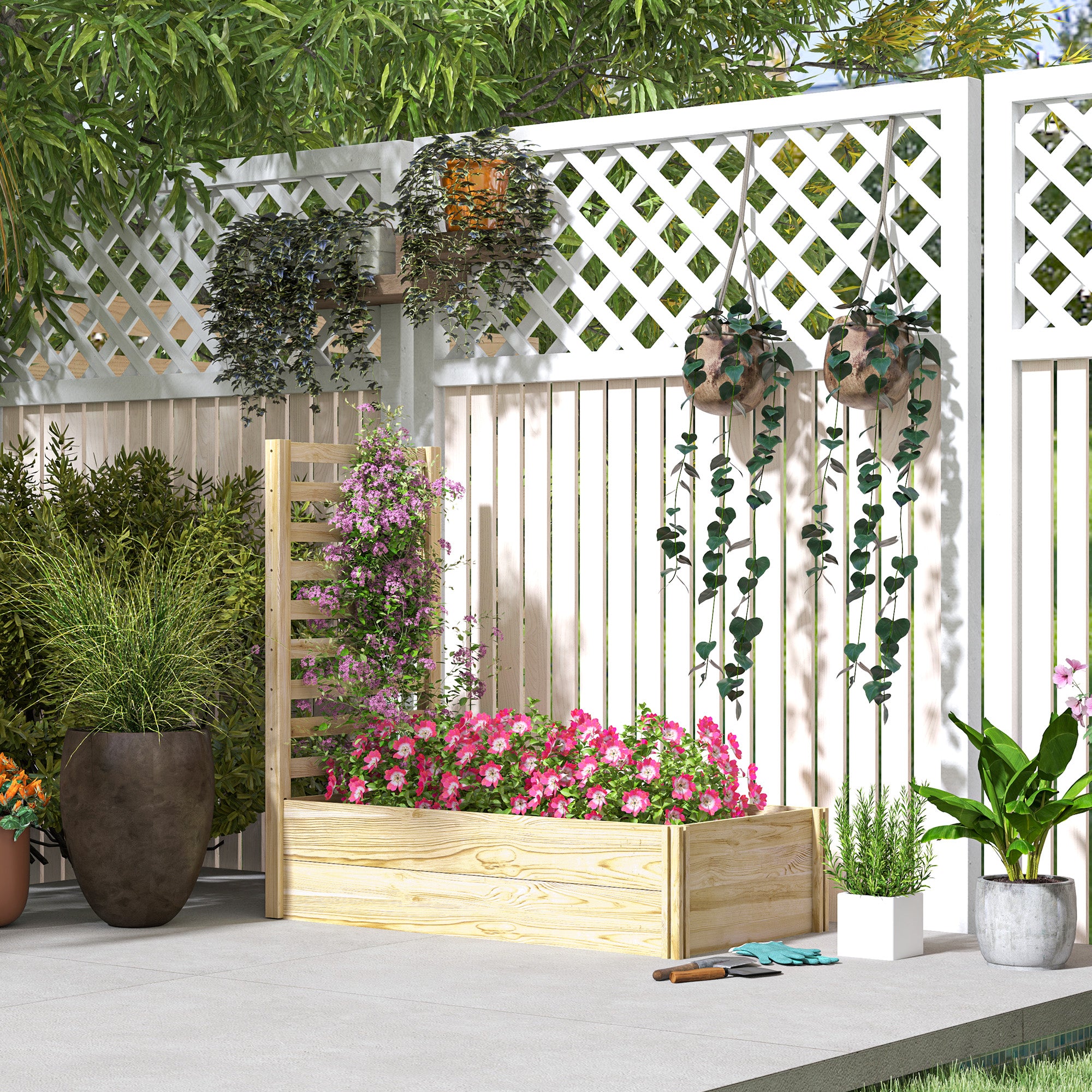 Wood Planter Box with Trellis for Climbing Plants, Raised Garden Bed for Outdoor Flowers Herbs, 91