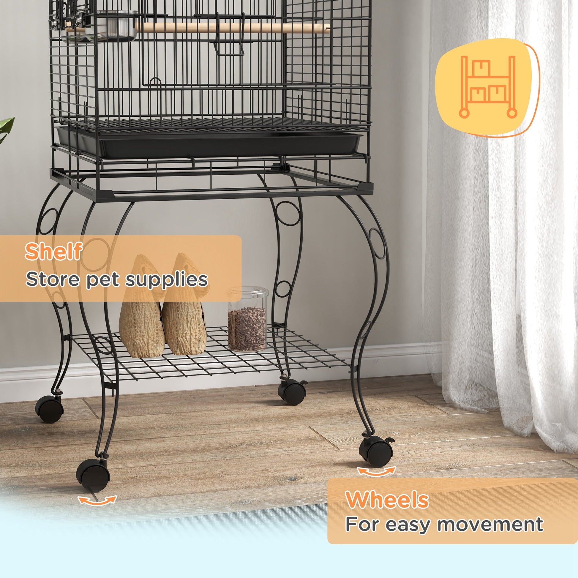 60" Open Top Parrot Cage with Stand, Tray, Perches, Shelf, Black Bird Cages   at Gallery Canada