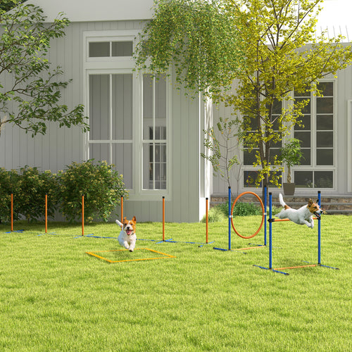 Dog Agility Training Equipment w/ Weave Poles, Adjustable Hurdle, Jump Ring, Pause Box, Whistle, Balls, Carry Bag