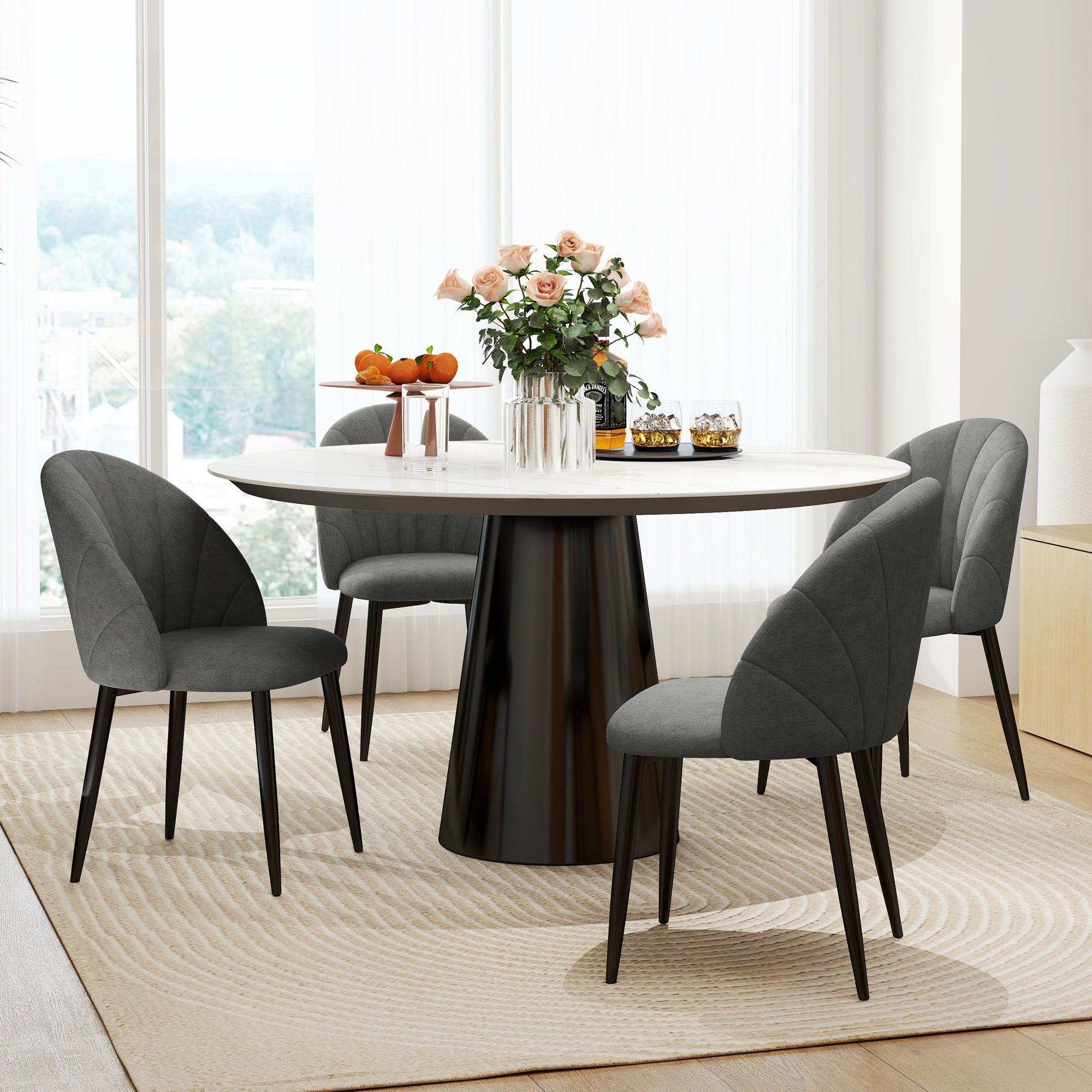 Modern Dining Chairs Set of 4, Upholstered Dining Room Chairs with Metal Legs, Shell Backrest, Padded Seat, Dark Grey Dining Chairs at Gallery Canada