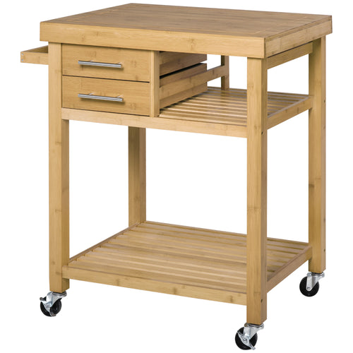 Bamboo Rolling Kitchen Island Trolley with Drawers &; Shelves