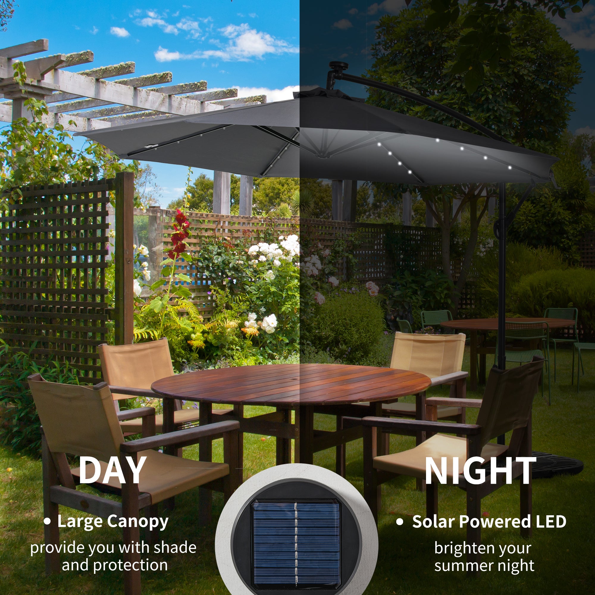 10ft Outdoor Cantilever Umbrella with Solar Lights, Banana Umbrella with Adjustable Angle for Patio, Backyard, Dark Gray Cantilever Umbrellas at Gallery Canada
